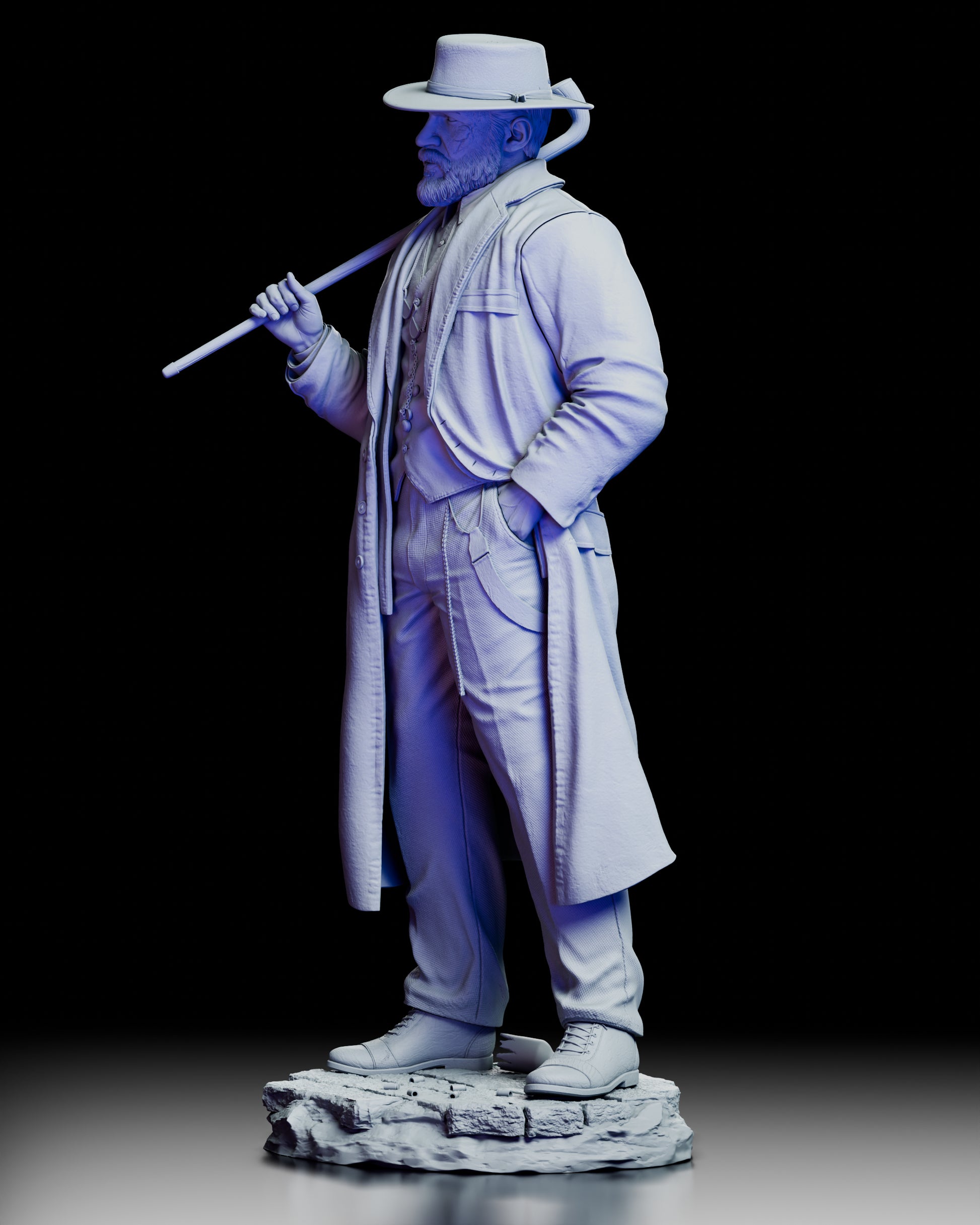 Left angled view of Alfie Solomons resin figure highlighting clothing textures and relaxed character pose