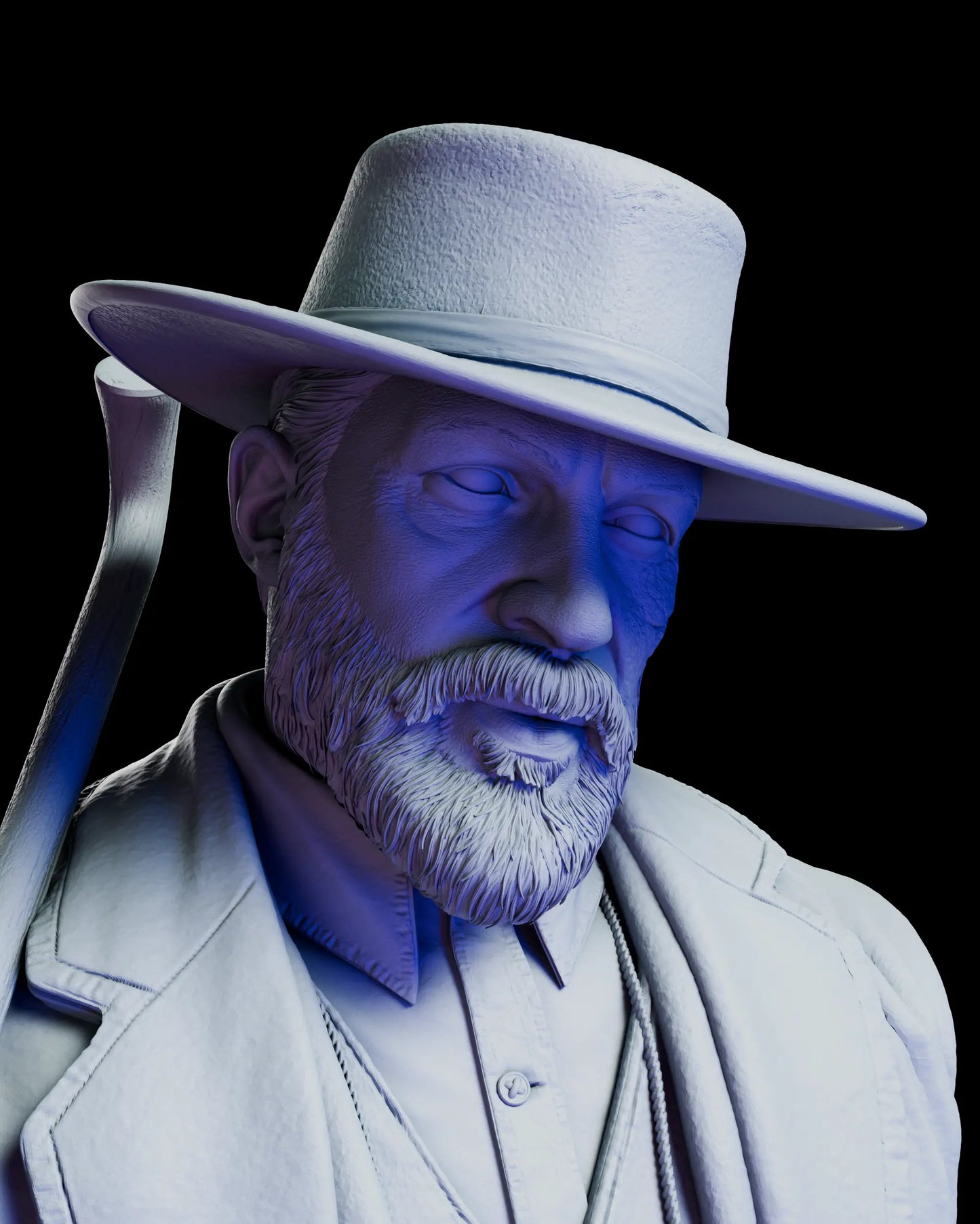 Close-up portrait of Alfie Solomons figure model kit featuring a wide-brim hat, beard, and overcoat with cane resting over the shoulder, highlighting detailed character sculpting