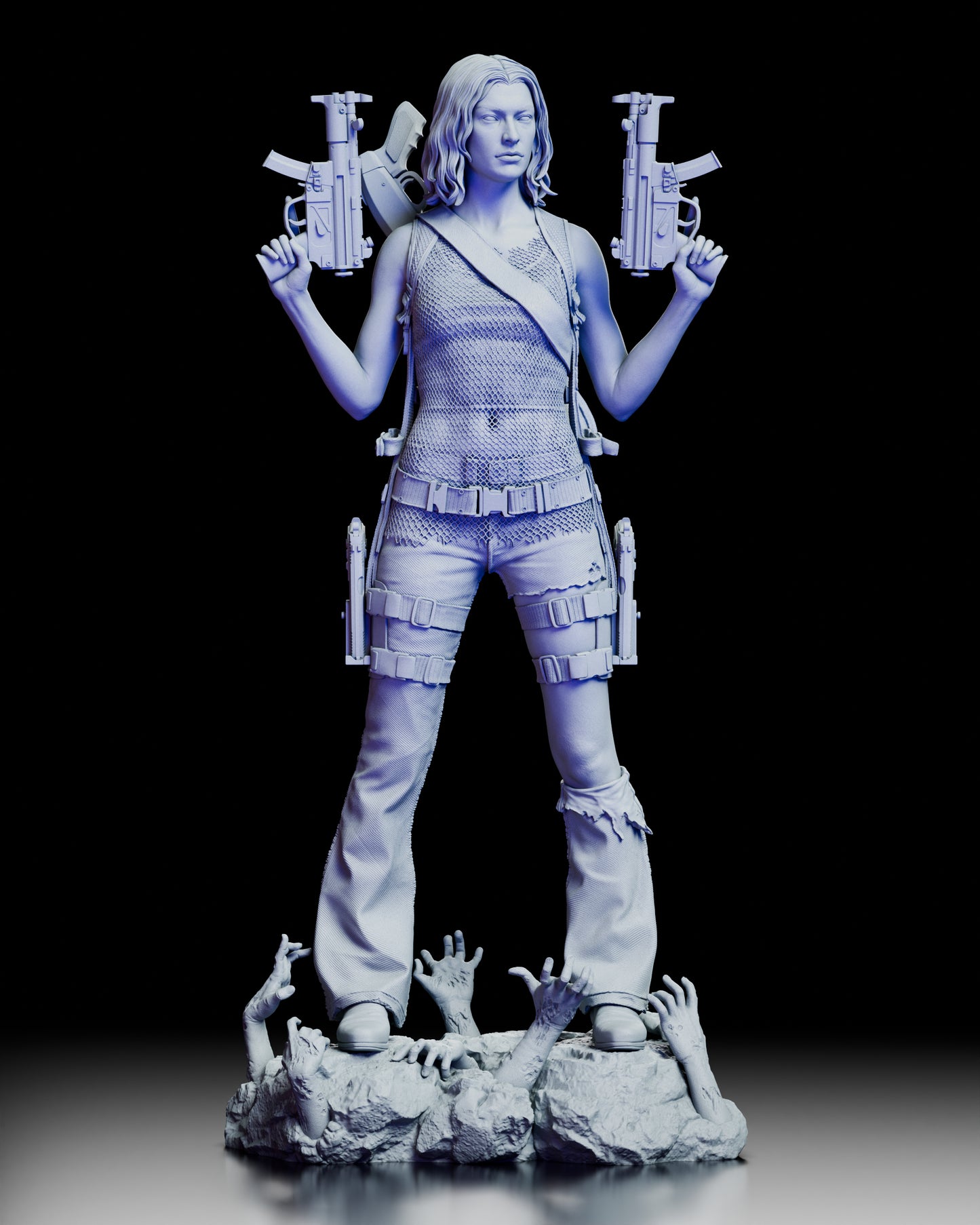 Front view of Alice Resident Evil Apocalypse Survivor figure model kit featuring determined facial expression, mesh tactical top with shoulder strap, dual assault rifles held at shoulder height, multiple holstered weapons on tactical thigh belts, distressed jeans with torn knees, and zombie hands emerging from rocky base
