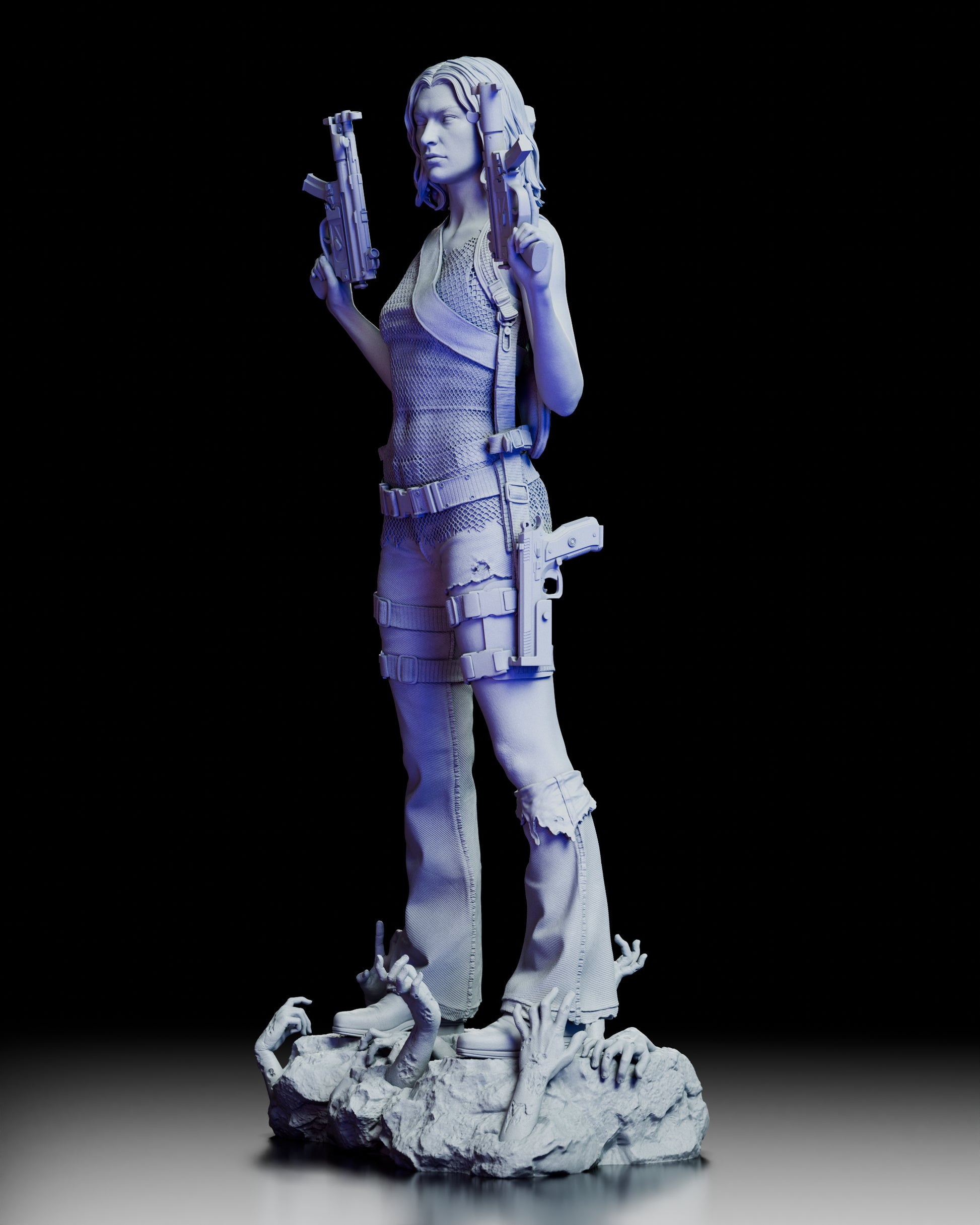 Left side profile view of Alice Resident Evil Apocalypse Survivor figure model kit displaying assault rifle held in right hand, shoulder-mounted weapon, mesh tactical vest, tactical thigh holsters with pistols, distressed jeans with knee tears, and grasping undead hands on rubble base