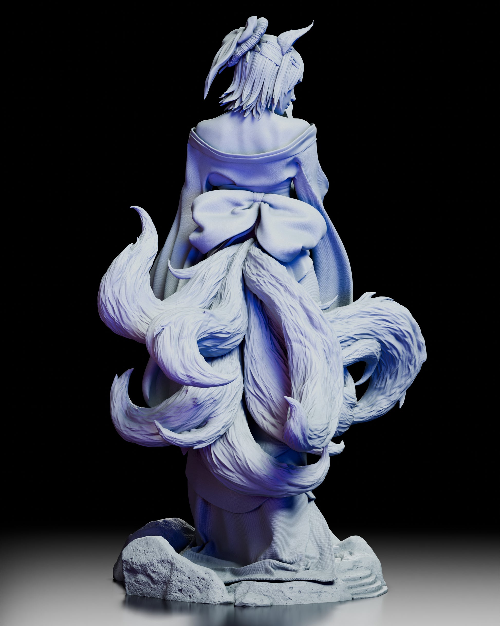 Right side view of the Amaterasu Kitsune figure revealing the detailed mask and elegant sleeve drapery