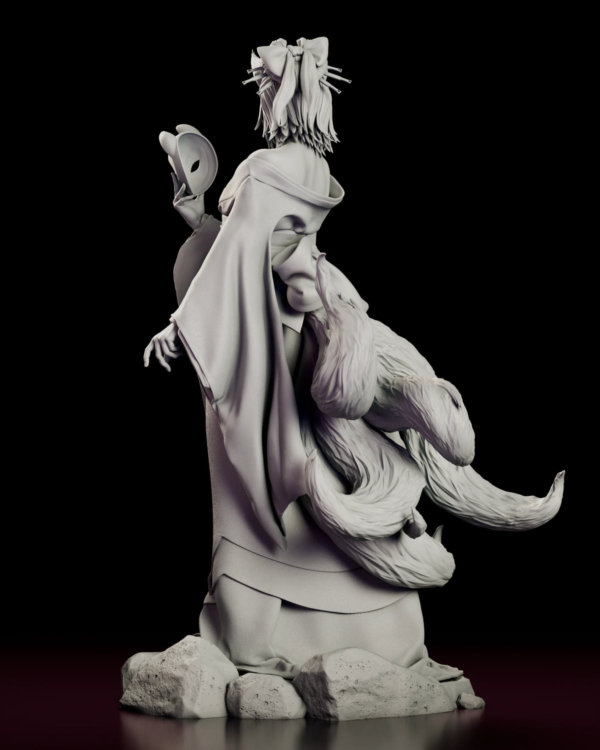 Back view of the Amaterasu Kitsune figure model kit showing the kimono, hair ornaments and fox tail