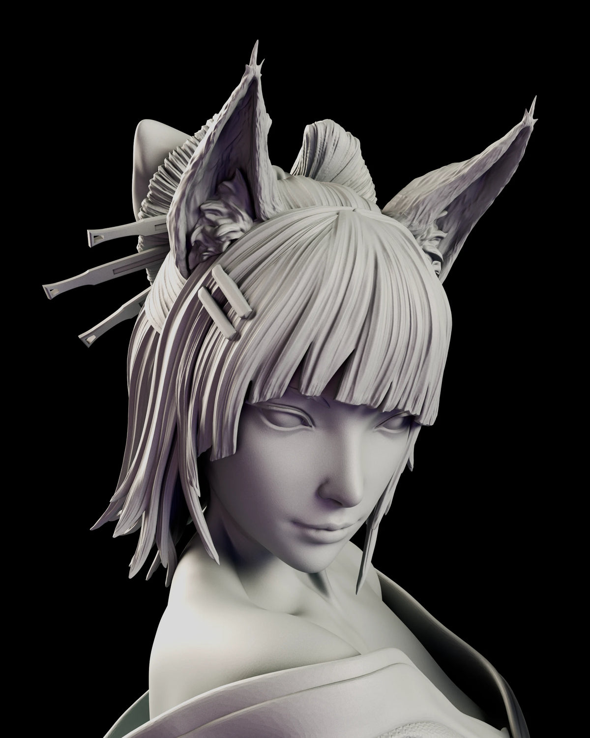 Portrait of Amaterasu Kitsune with fox ears, hair ornaments and a blunt fringe