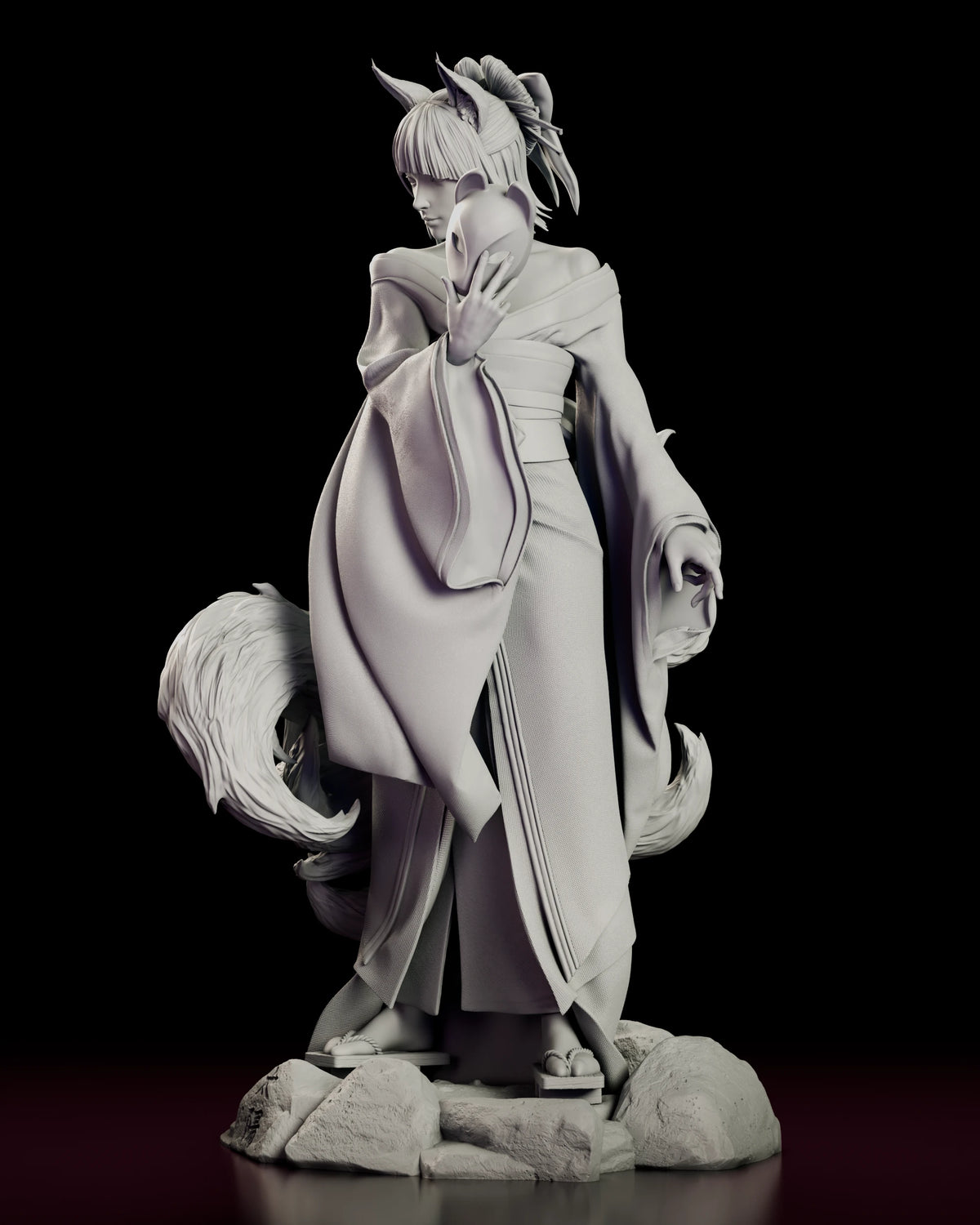 Left side view of Amaterasu Kitsune with the fox mask raised and the tail curling at her feet