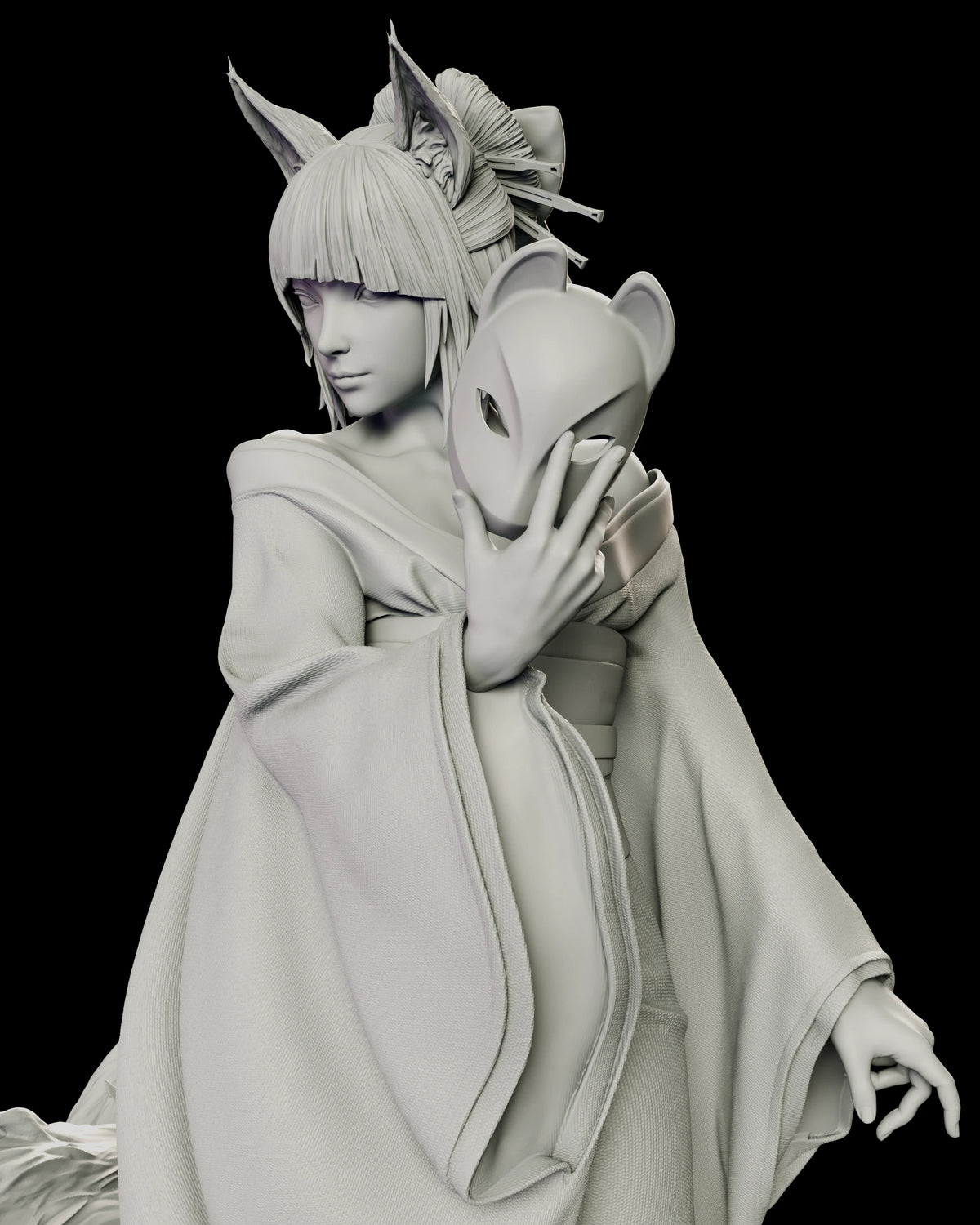 Close view of Amaterasu Kitsune holding a fox mask beside her face, with long kimono sleeves