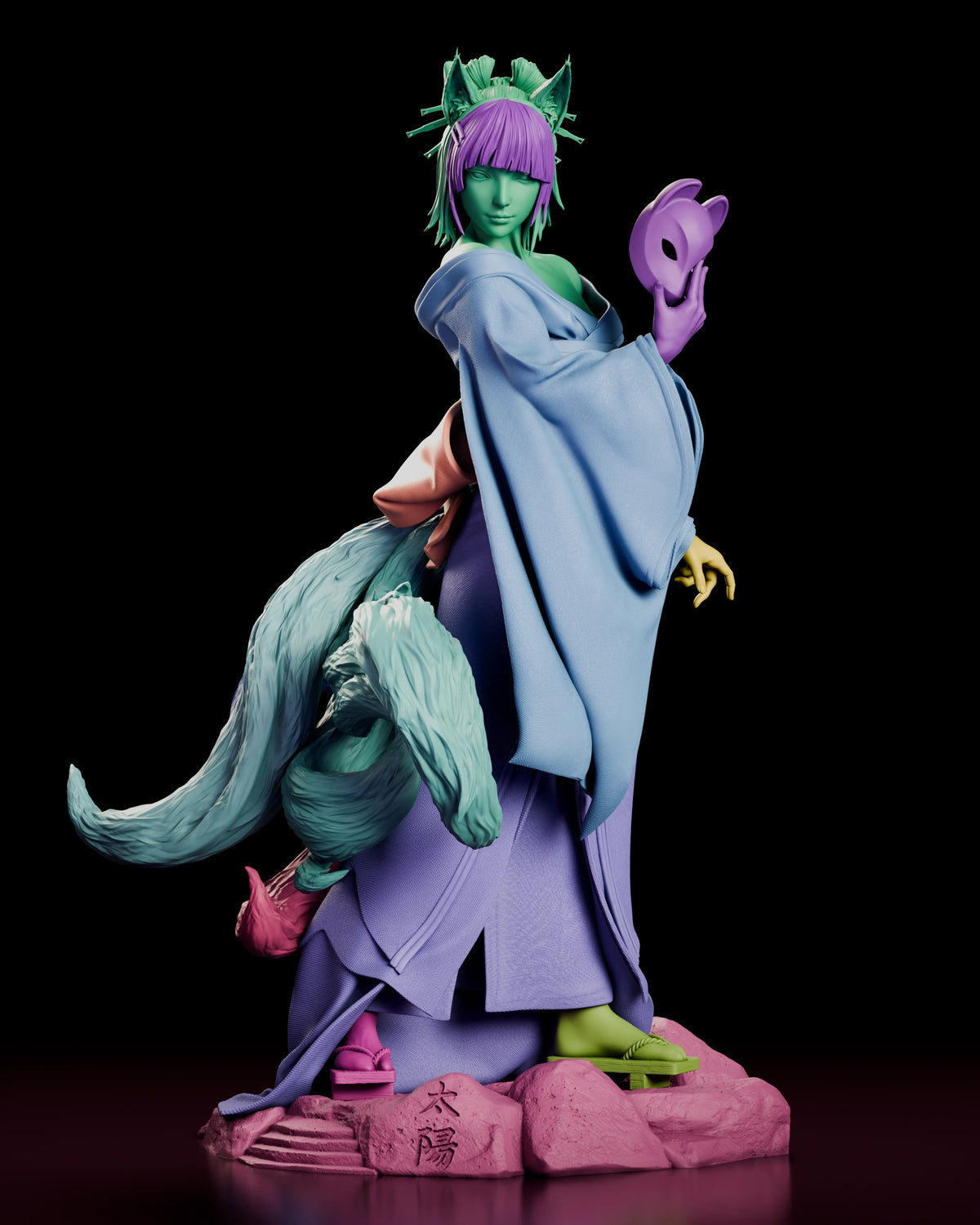 Parts breakdown of the Amaterasu Kitsune figure model kit with figure, mask, tail and base shown in separate colours