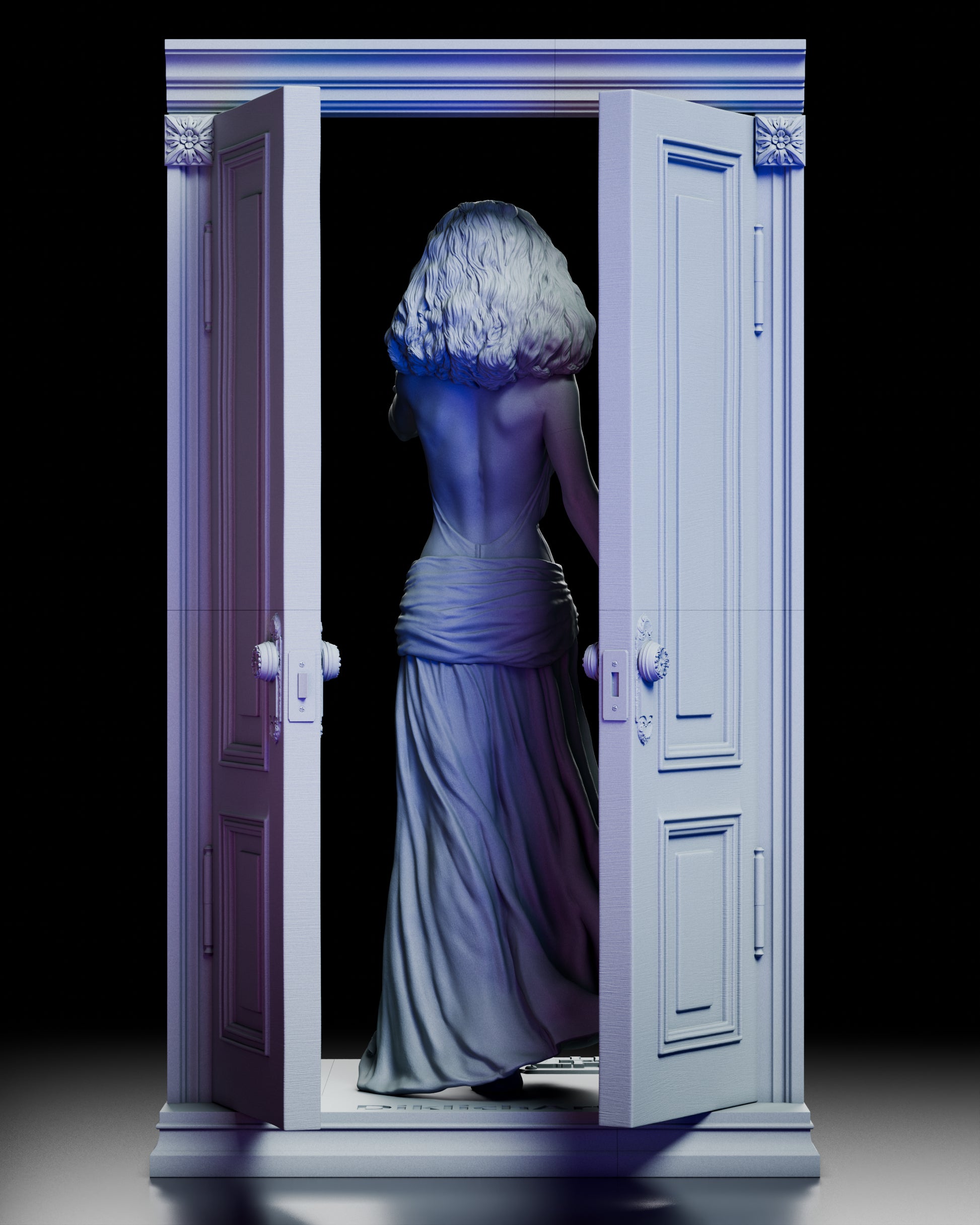 Back view of the Amy Peterson Fright Night maquette highlighting the flowing gown, sculpted hair, and detailed doorway structure.