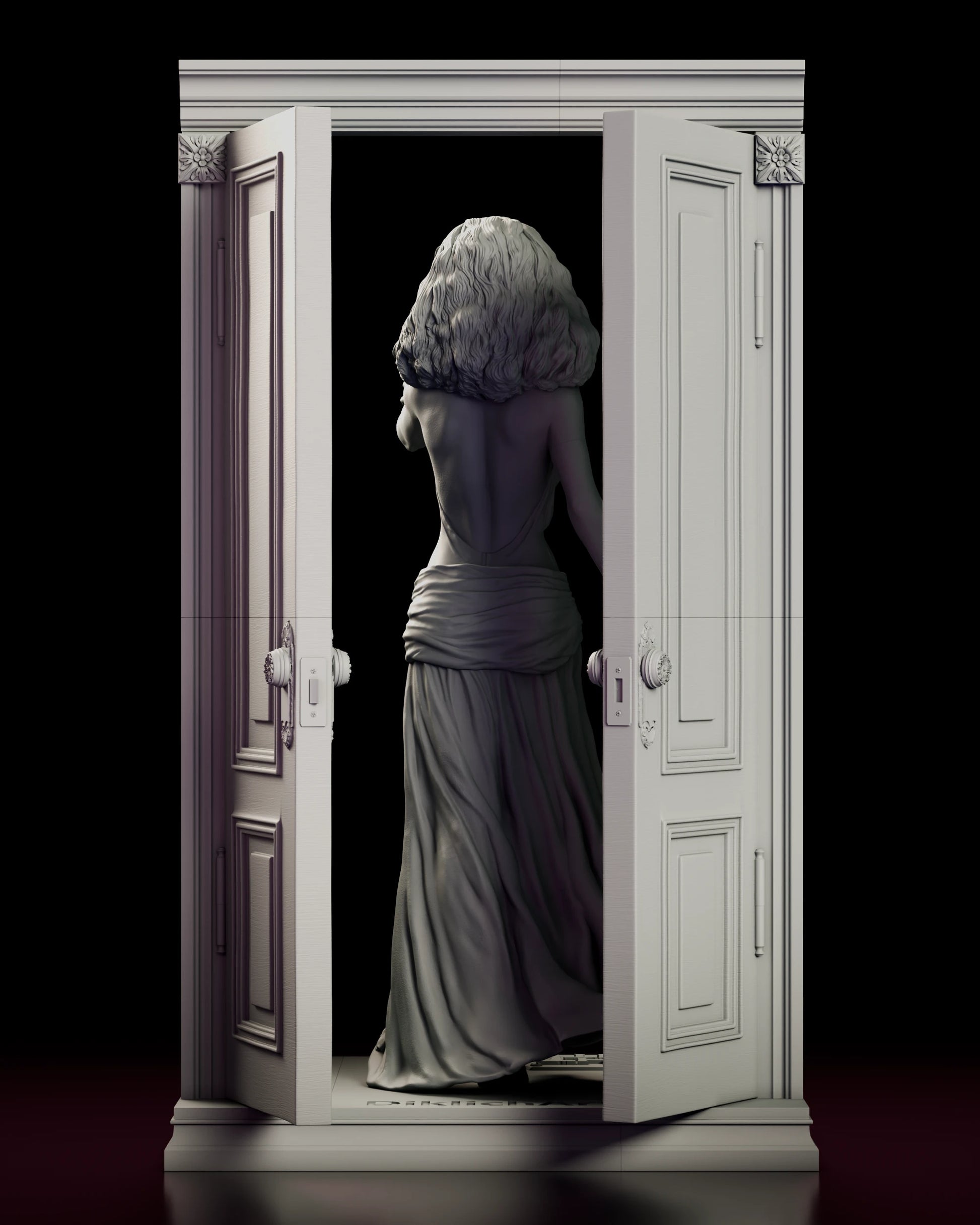 Rear view of the Amy Peterson figure model kit showing the gown open down the back to the sash and the reverse faces of the doors, panels and knobs fully modeled