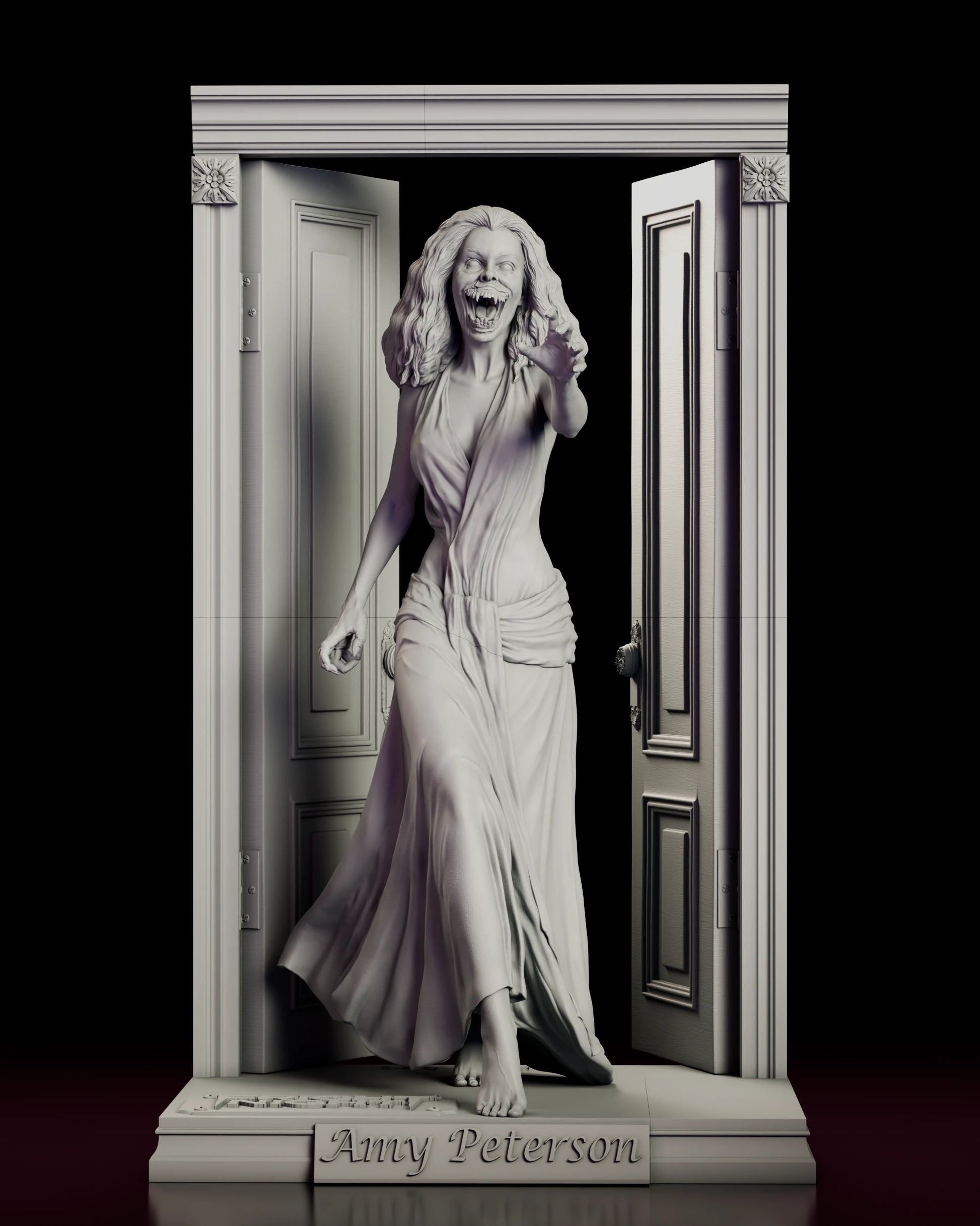 Front view of the Amy Peterson figure model kit stepping barefoot through the open doorway with both hands raised and the skirt trailing behind