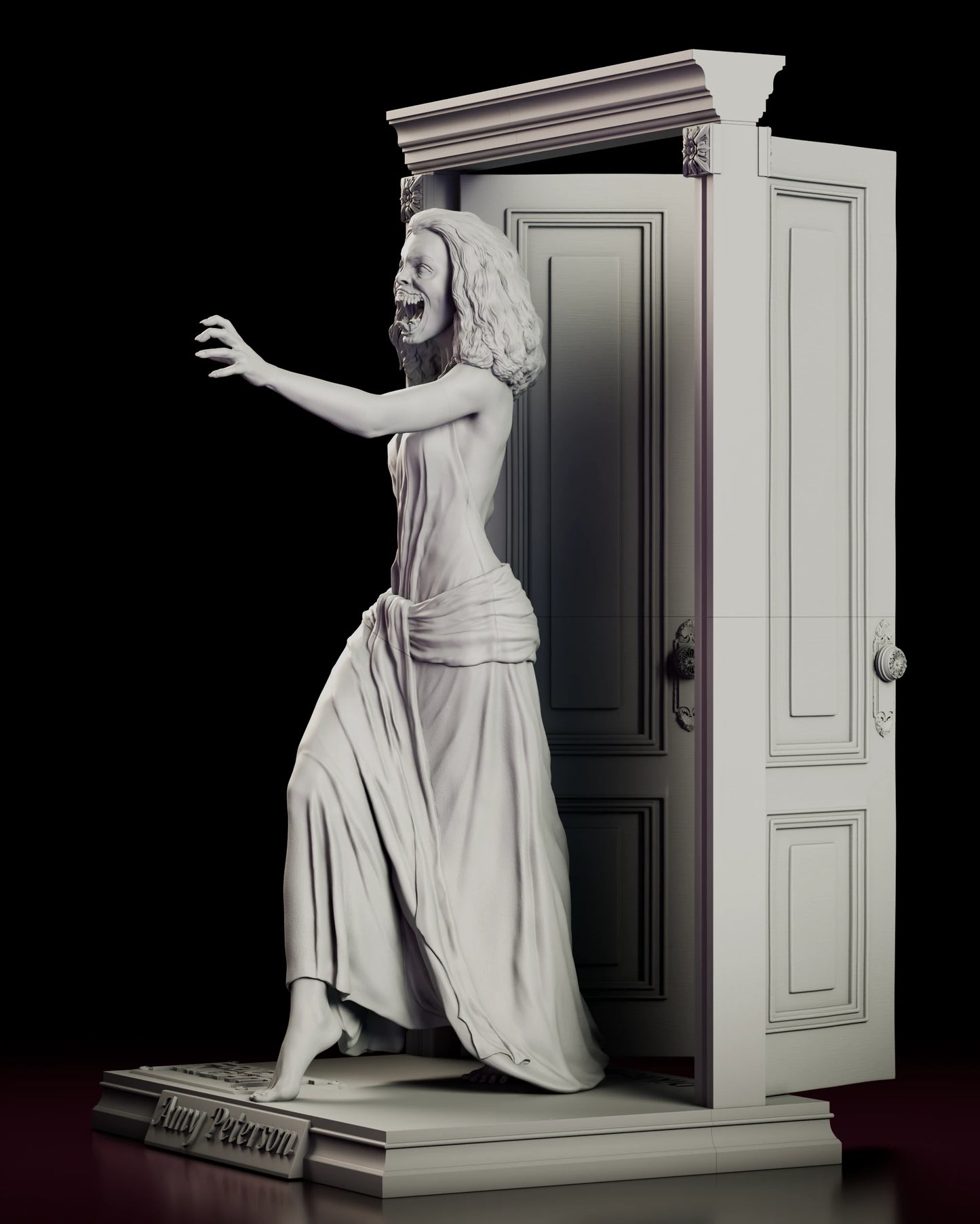 Left side view of the Amy Peterson figure model kit showing the swept skirt, the open door and the carved rosette at the corner of the frame