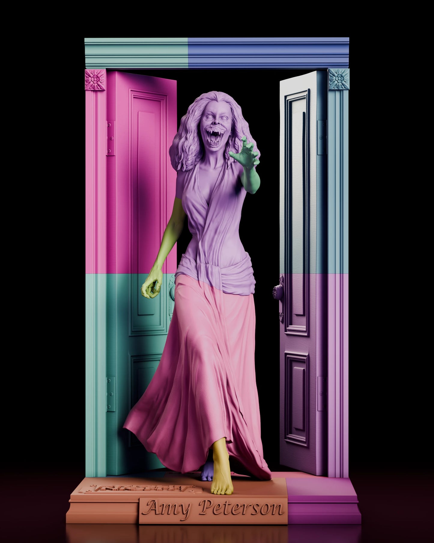 Parts breakdown of the Amy Peterson figure model kit with each component shown in a separate color, including head, torso, arms, gown, doors, casing and threshold base