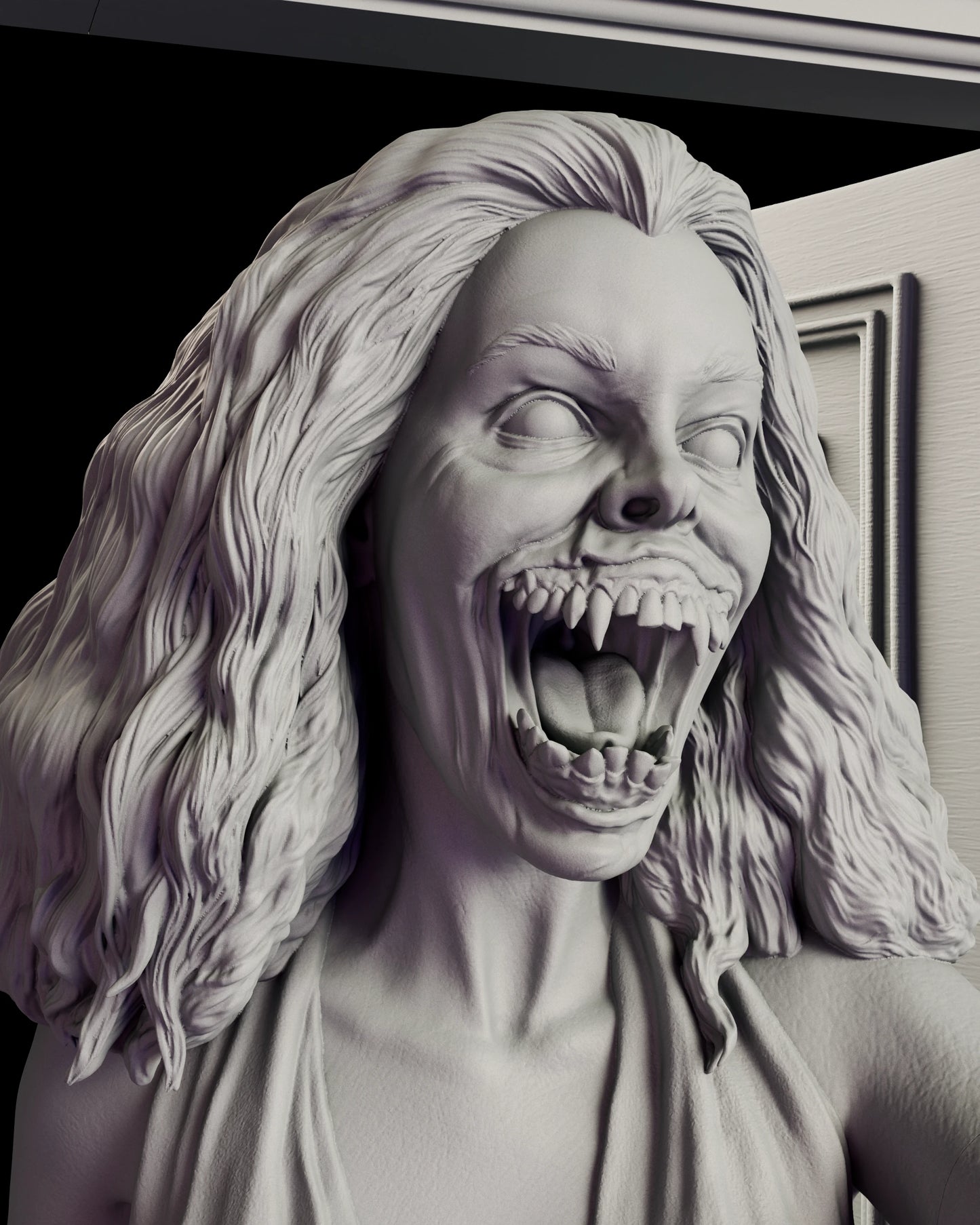 Portrait view of the Amy Peterson figure model kit showing the vampire transformation, the wide open mouth and the waves of hair falling to the shoulder