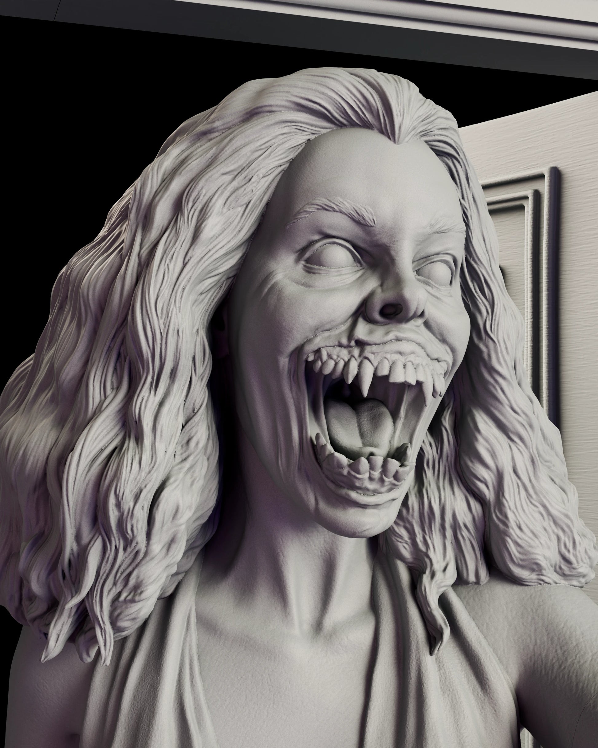 Portrait view of the Amy Peterson figure model kit showing the vampire transformation, the wide open mouth and the waves of hair falling to the shoulder