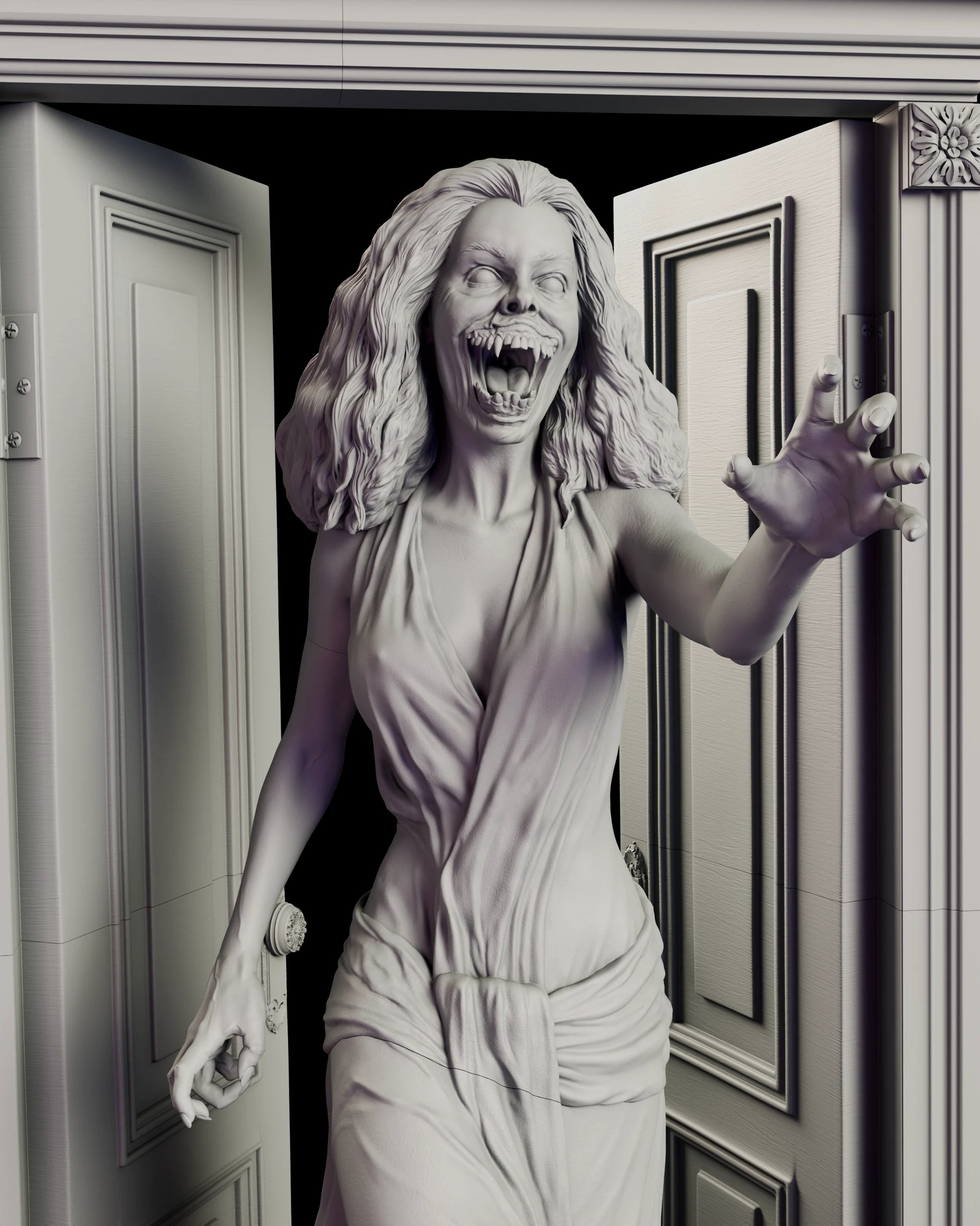 Close view of the Amy Peterson figure model kit showing the distended jaw and doubled rows of fangs, the blank pale eyes and a clawed hand raised against the door