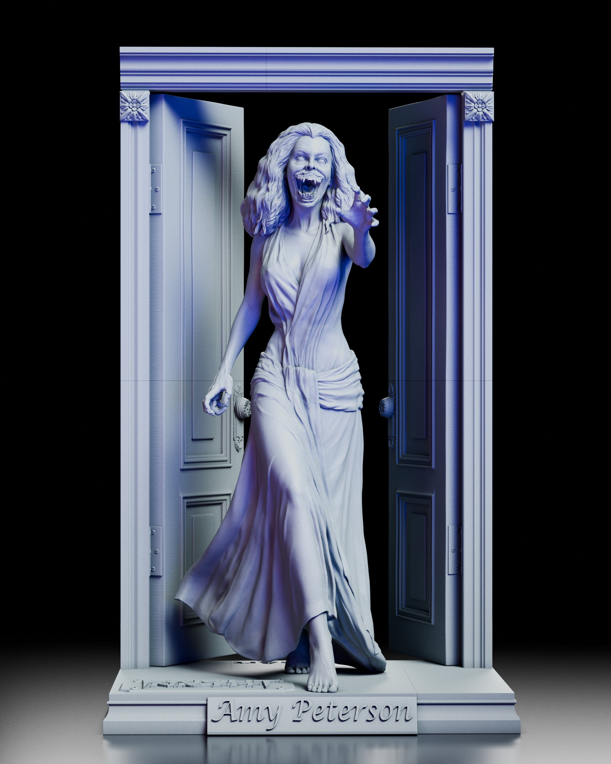 Front view of the Amy Peterson Fright Night maquette showing her vampiric transformation as she steps through an ornate open doorway.