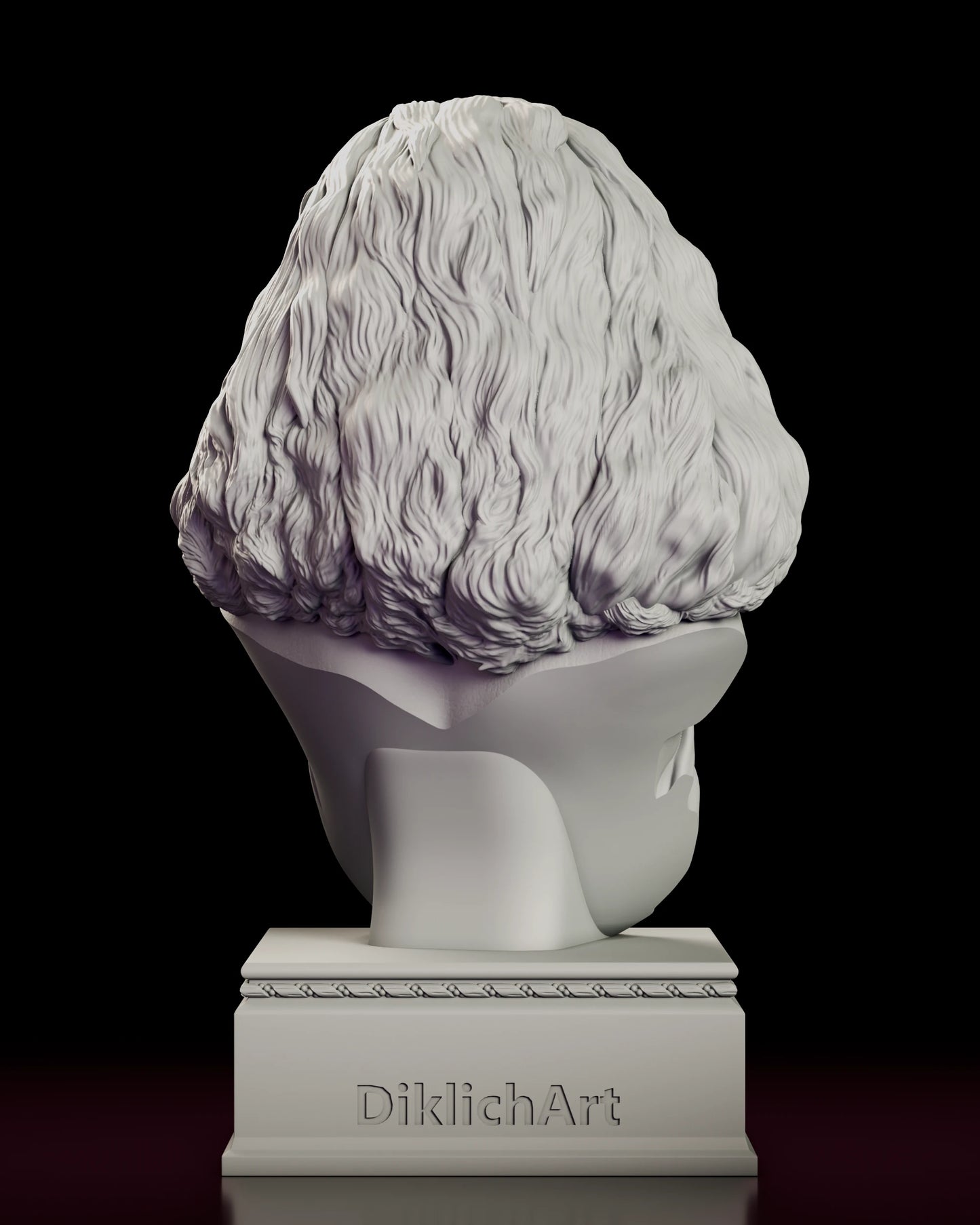 Rear view of the Amy Peterson figure model kit showing the length of the carved hair and the moulding around the plinth