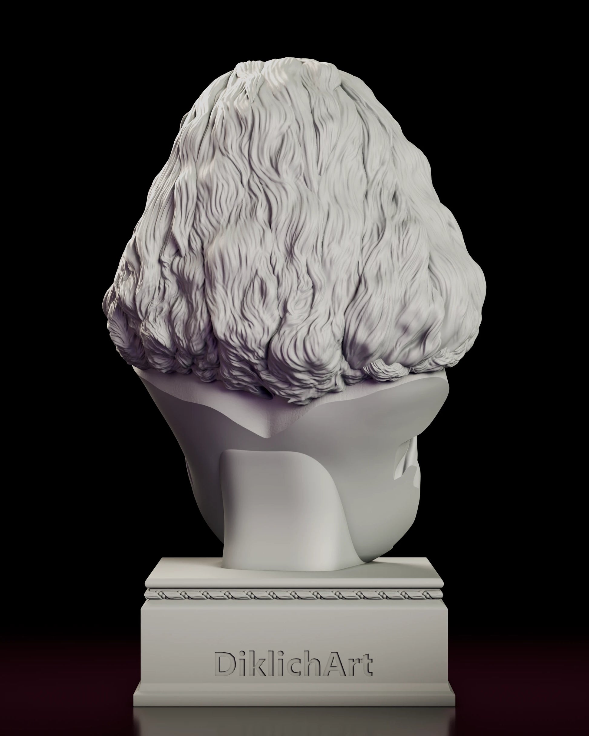 Rear view of the Amy Peterson figure model kit showing the length of the carved hair and the moulding around the plinth