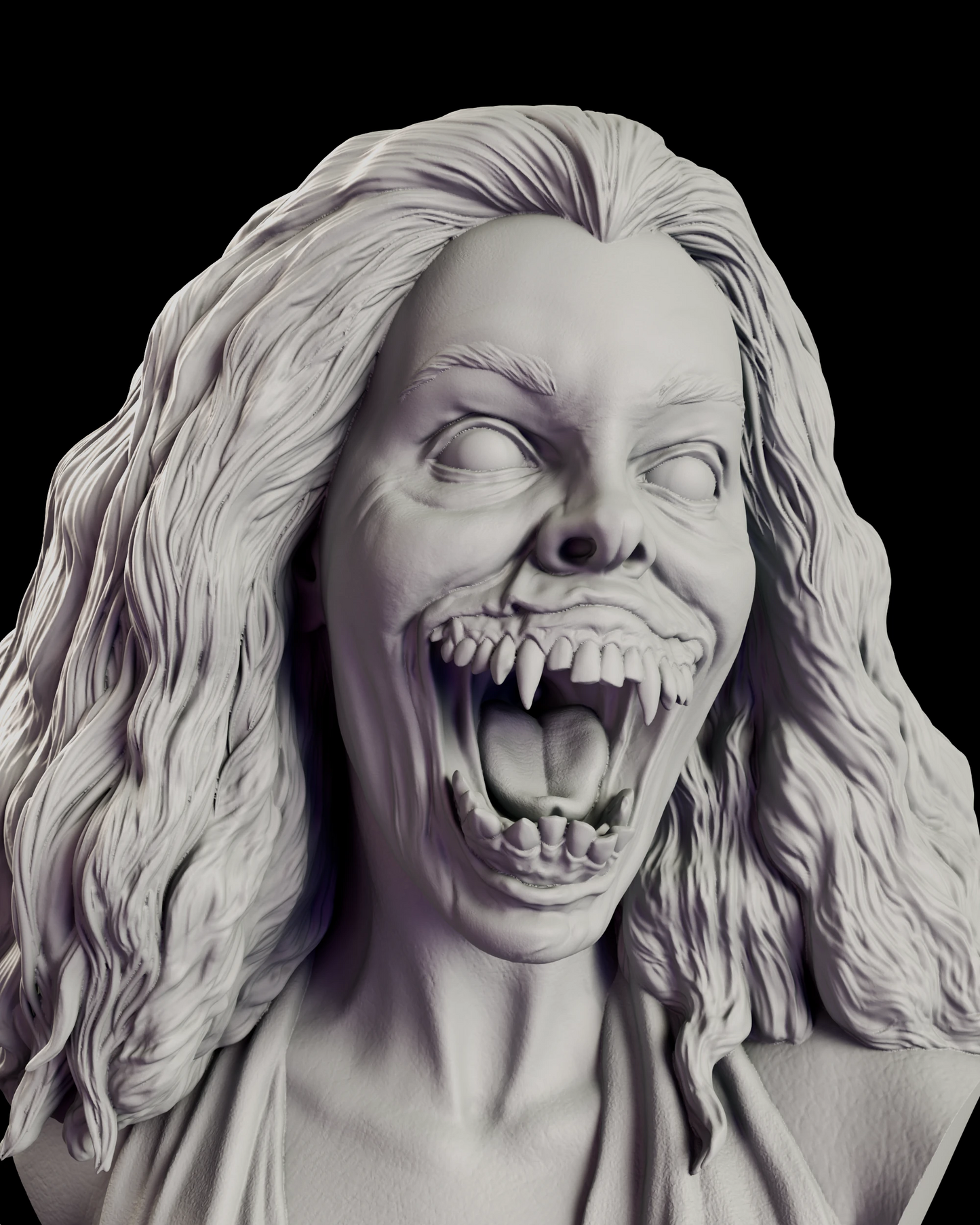 Portrait view of the Amy Peterson figure model kit showing the blank white eyes and the creases fanning across the stretched face