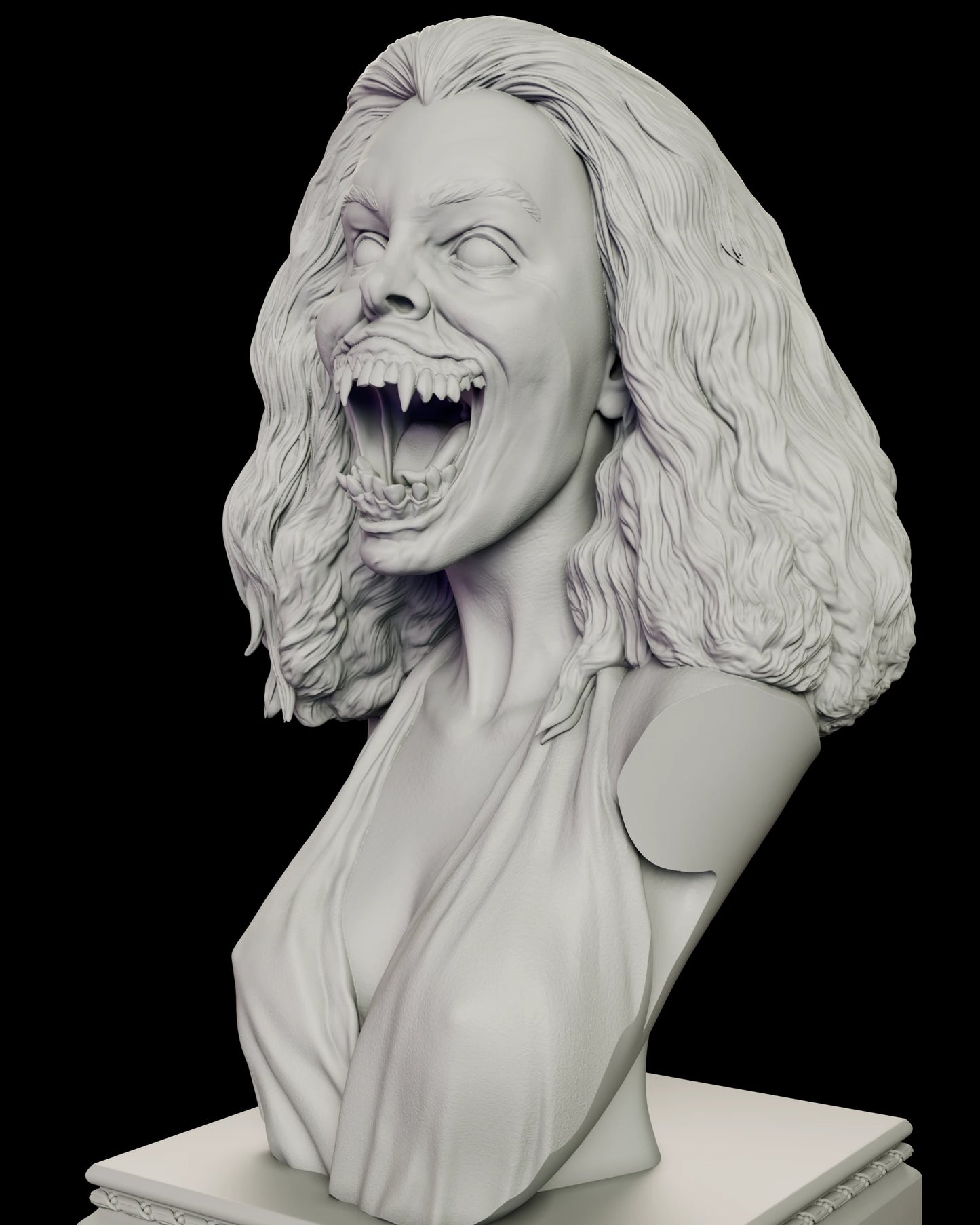 Detail view of the Amy Peterson figure model kit showing the split jaw, the double row of pointed teeth and the long canines