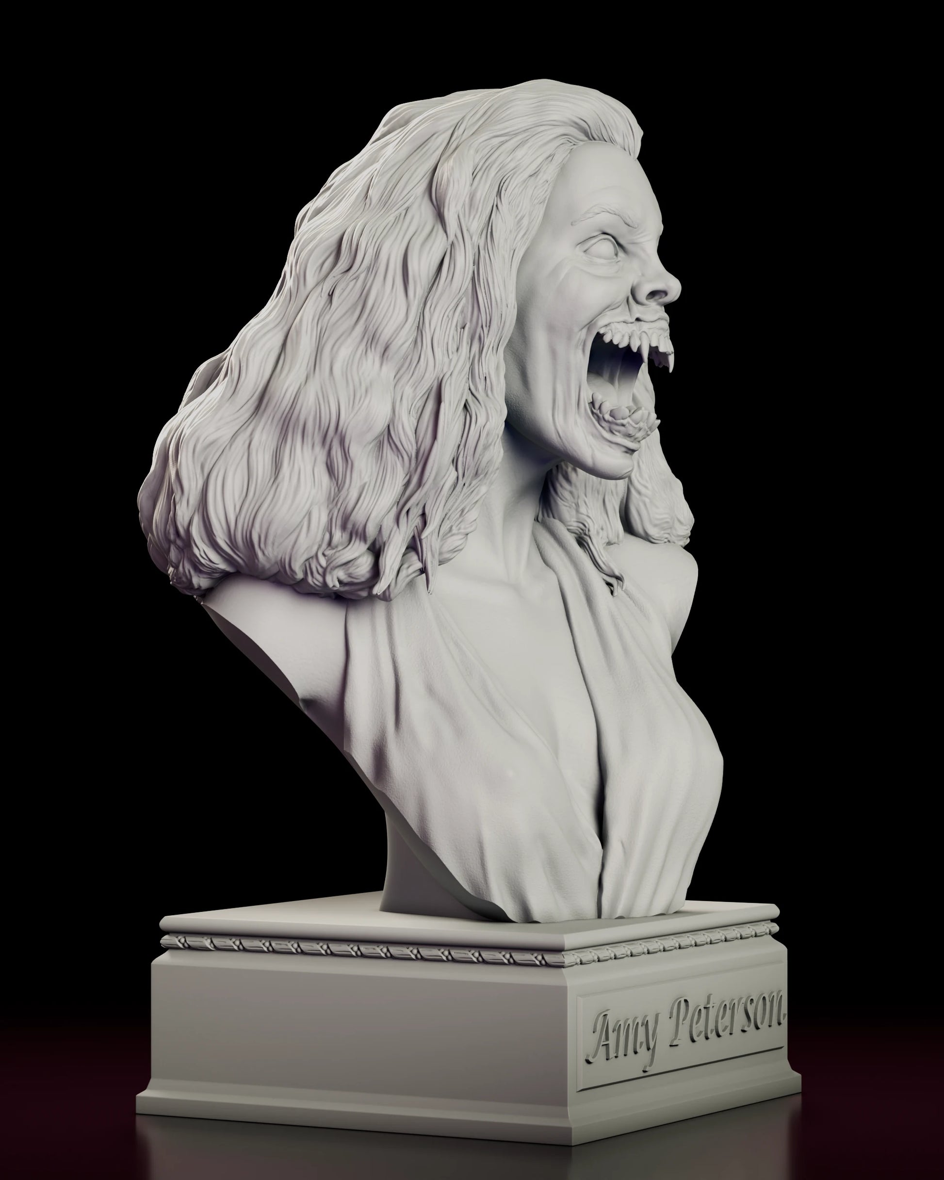 Right side view of the Amy Peterson figure model kit showing the profile of the extended jaw and the fall of the hair