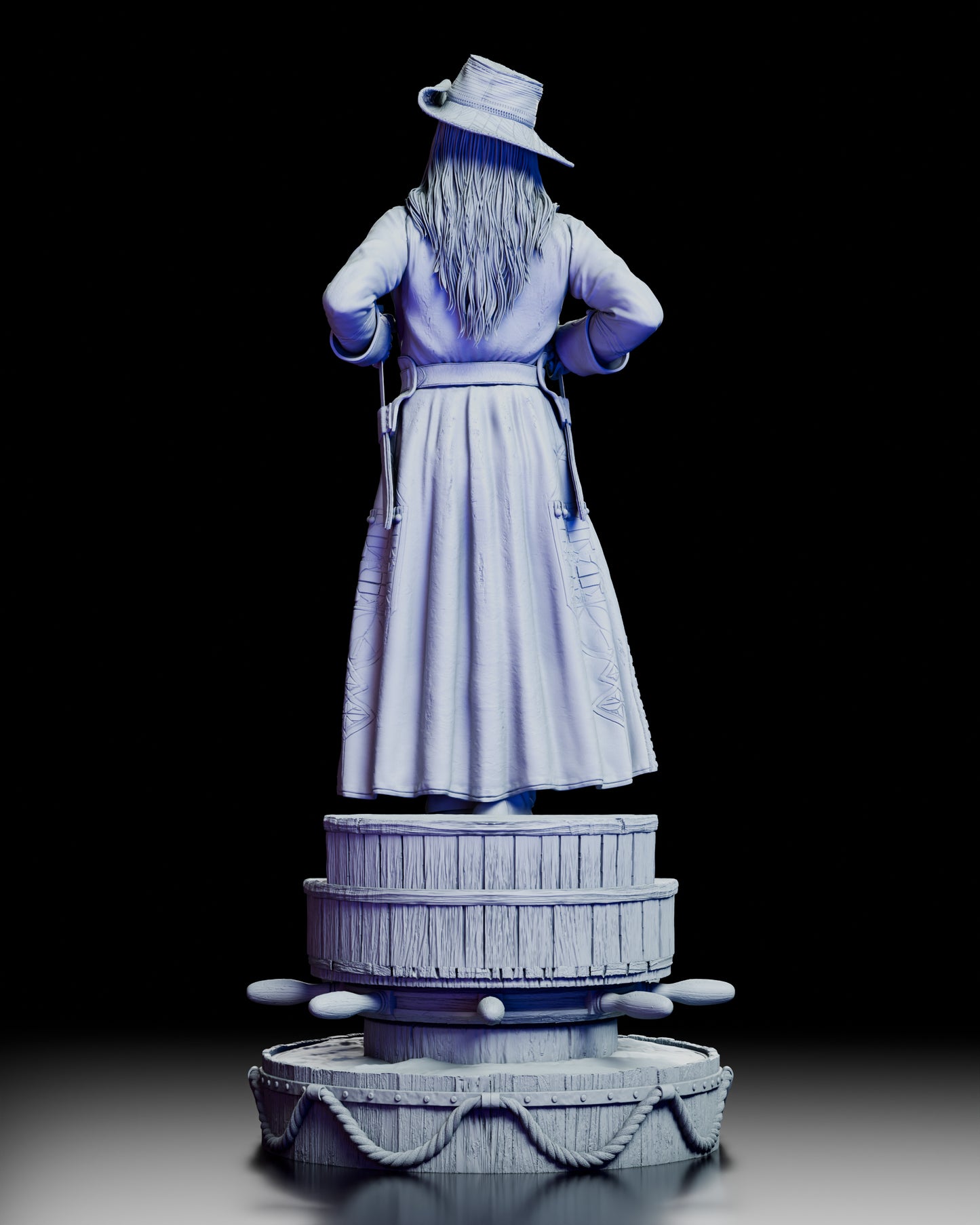 Rear view of Anne Bonny pirate figure model kit showing coat detail and nautical display base