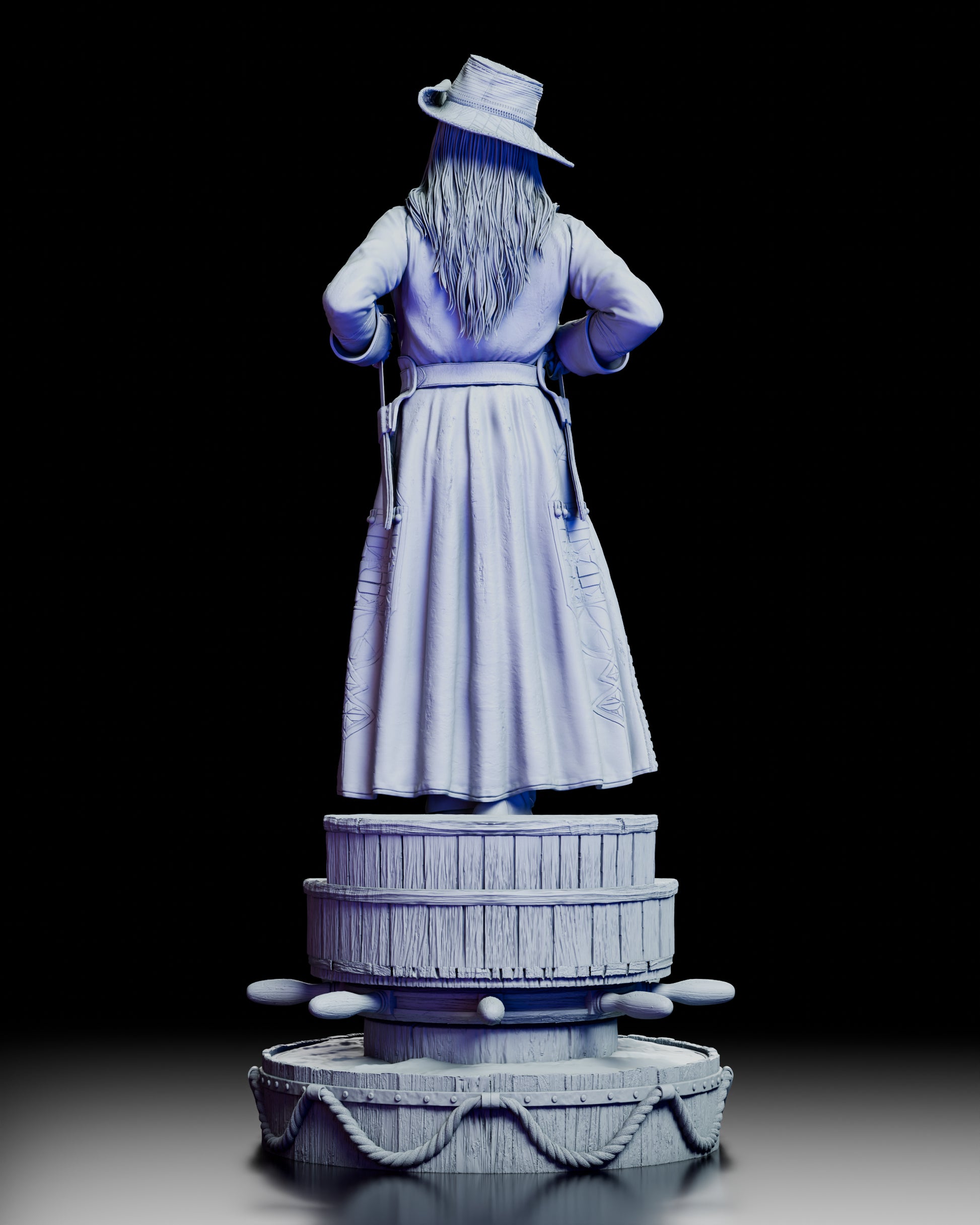 Rear view of Anne Bonny pirate figure model kit showing coat detail and nautical display base
