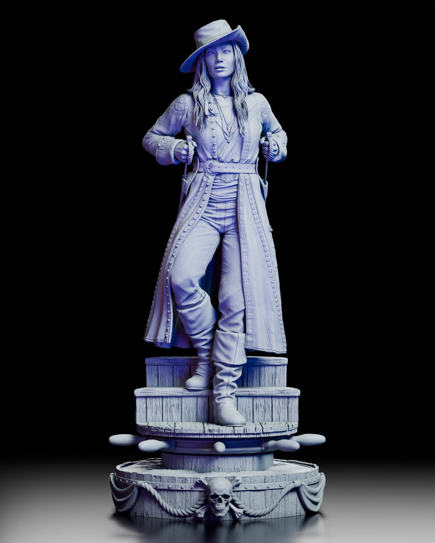 Front view of Anne Bonny figure model kit standing confidently on a ship themed base