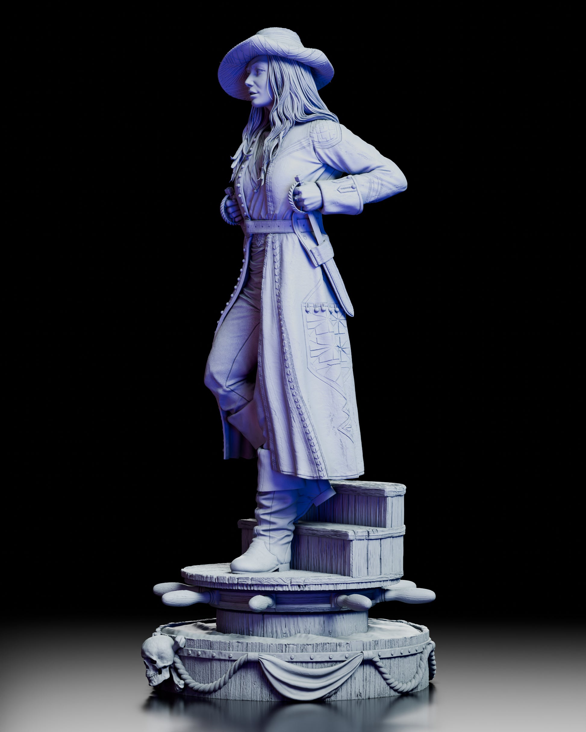 Left angled view of Anne Bonny pirate figure highlighting coat textures and stance