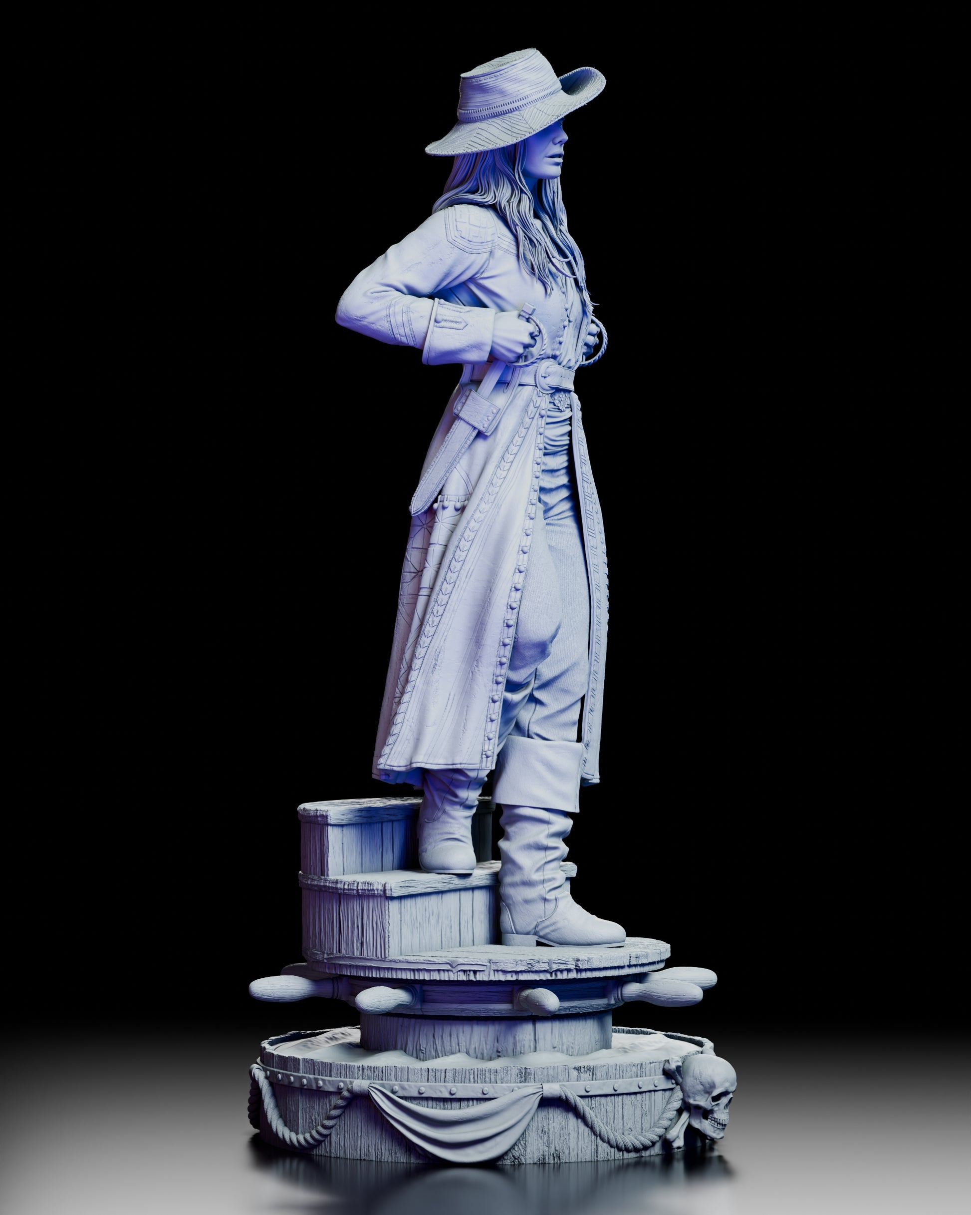 Right angled view of Anne Bonny figure kit displaying layered clothing and scenic base elements
