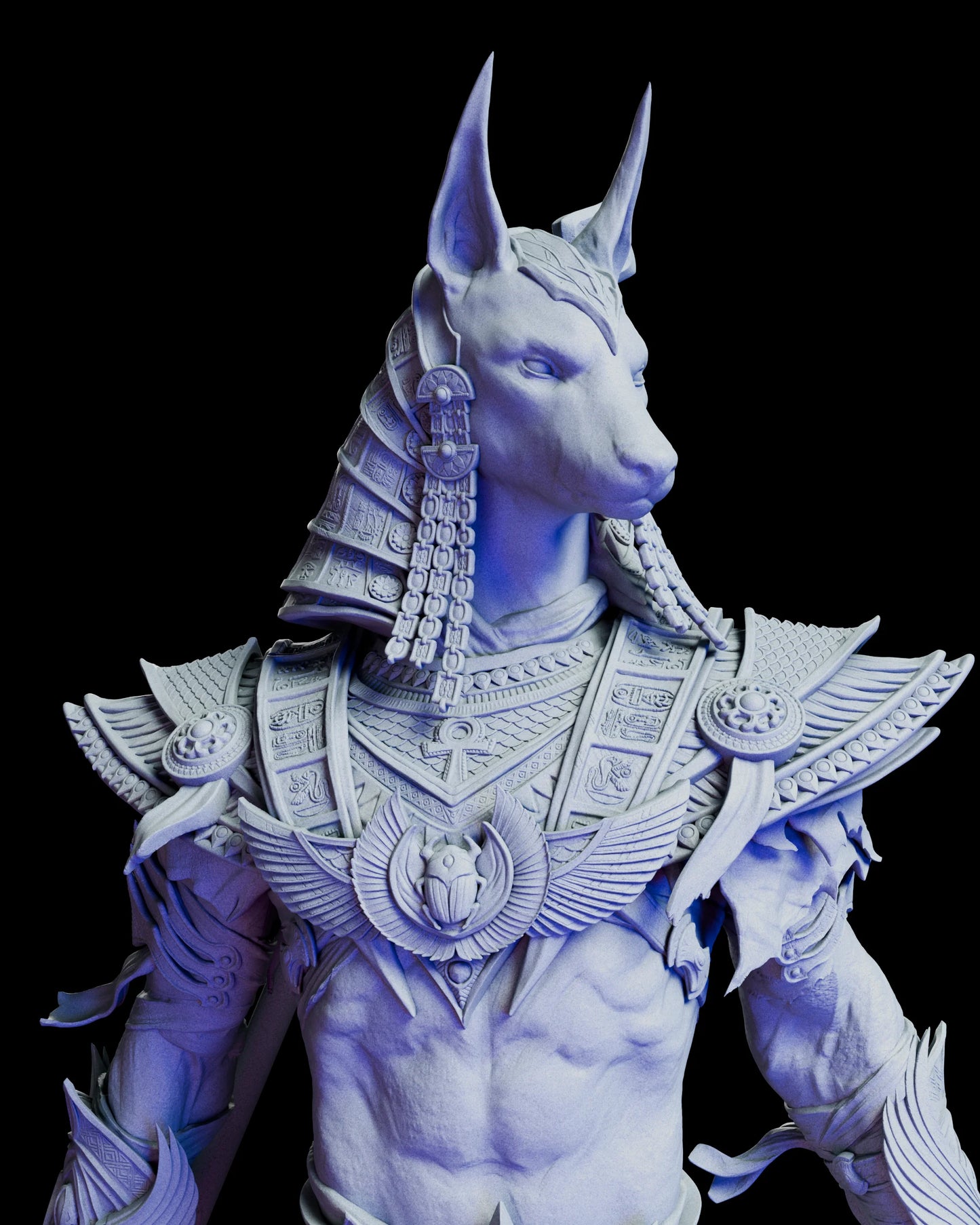 Close-up of Anubis, Keeper of Souls resin figure kit showing intricate Egyptian armor details, hieroglyphic engravings, and sculpted jackal head