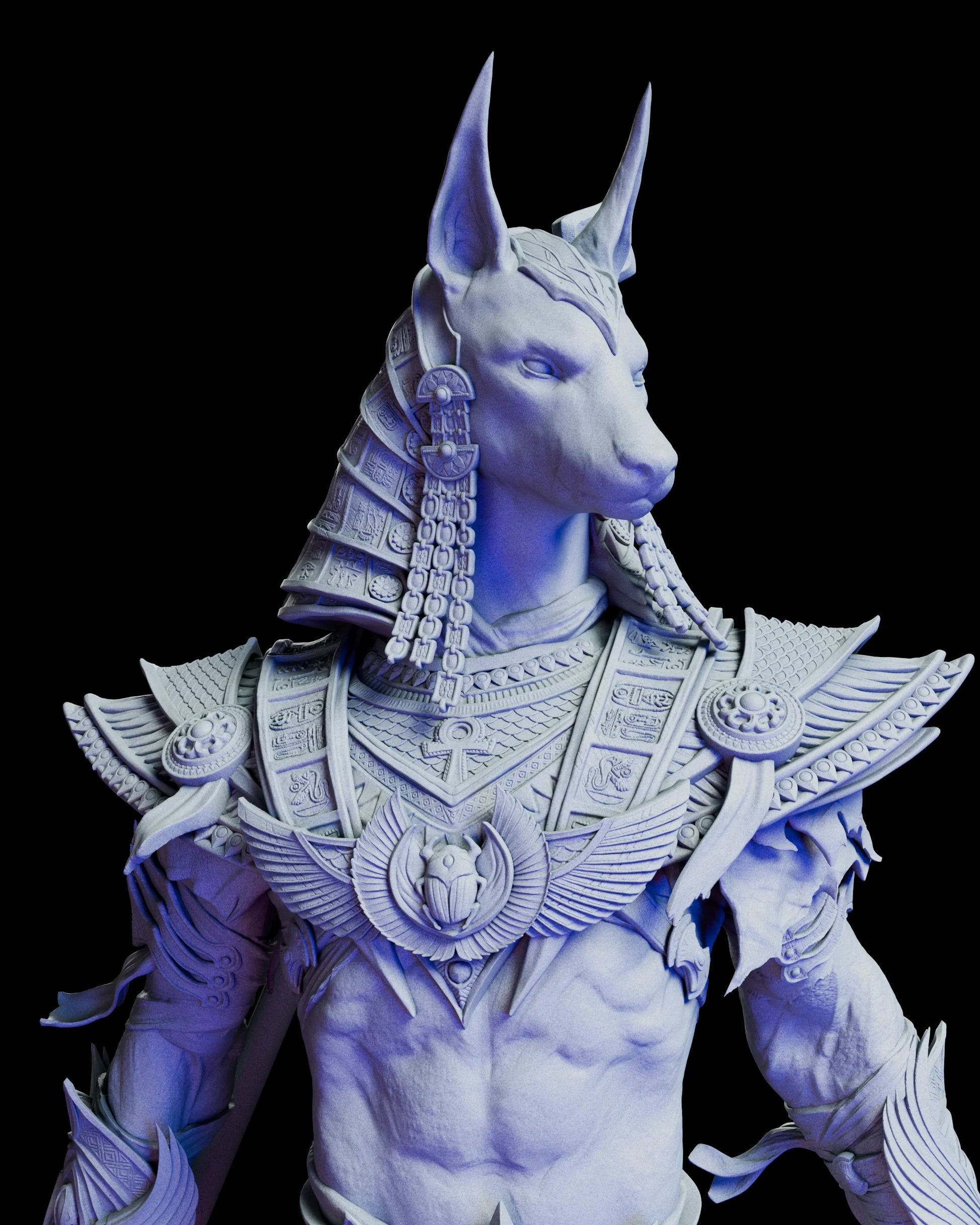 Close-up of Anubis, Keeper of Souls resin figure kit showing intricate Egyptian armor details, hieroglyphic engravings, and sculpted jackal head