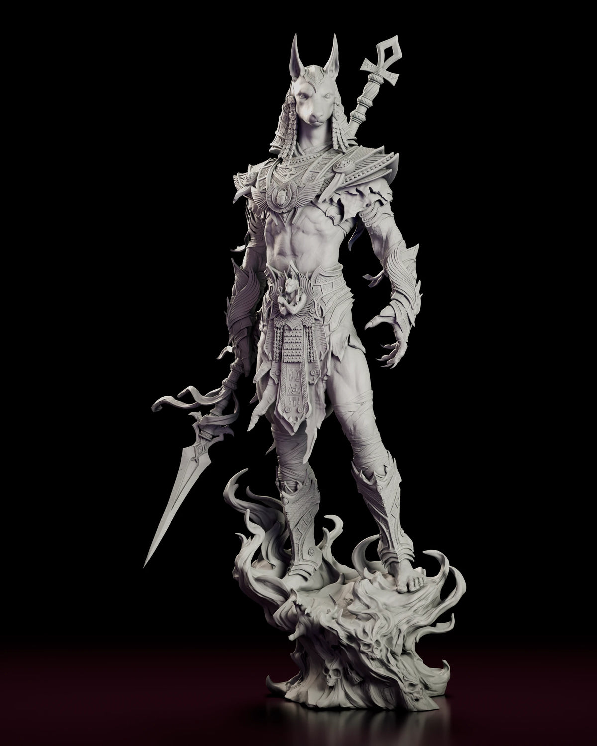 Front view of the Anubis figure model kit striding forward with a long blade on a swirling base