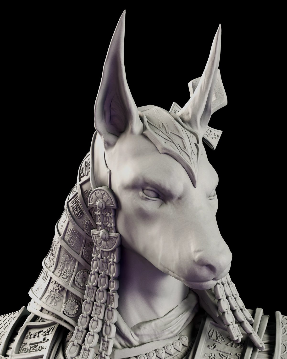 Portrait of Anubis with a jackal head, tall ears and a striped headdress with braided lappets