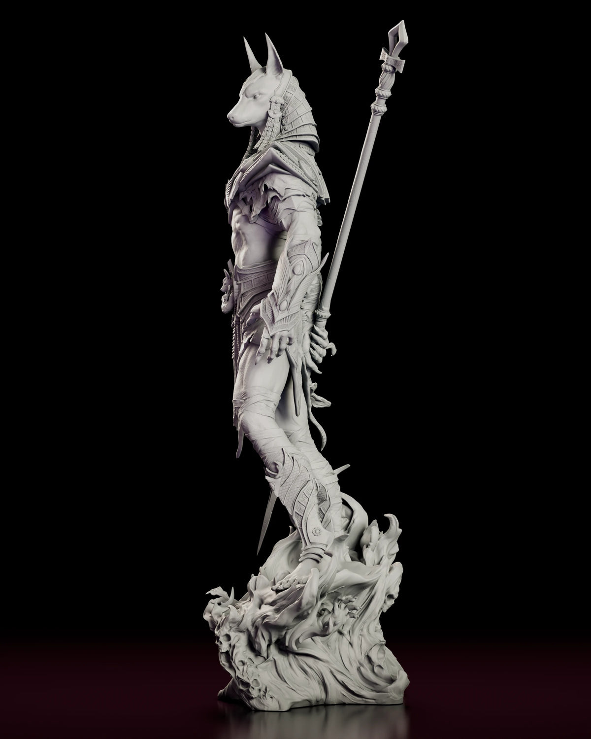Left side view of Anubis in profile showing the jackal head and armoured legs