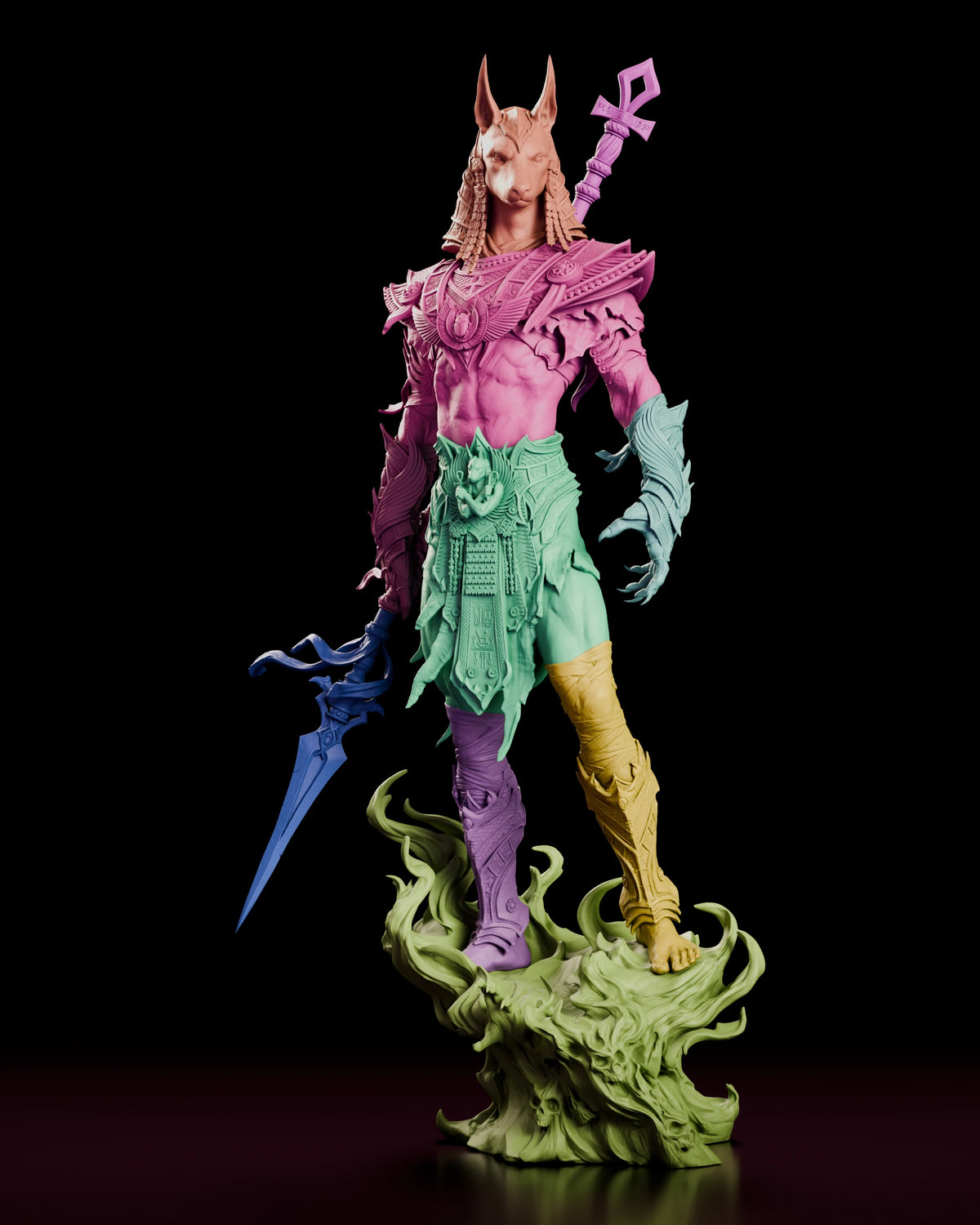 Parts breakdown of the Anubis figure model kit with figure, blade, staff and base shown in separate colours