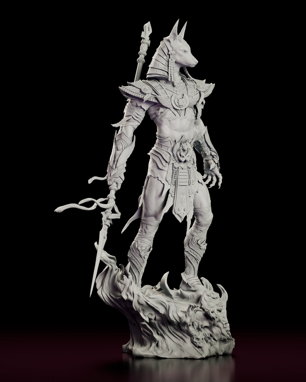 Right side view of Anubis with the ankh staff rising over his shoulder