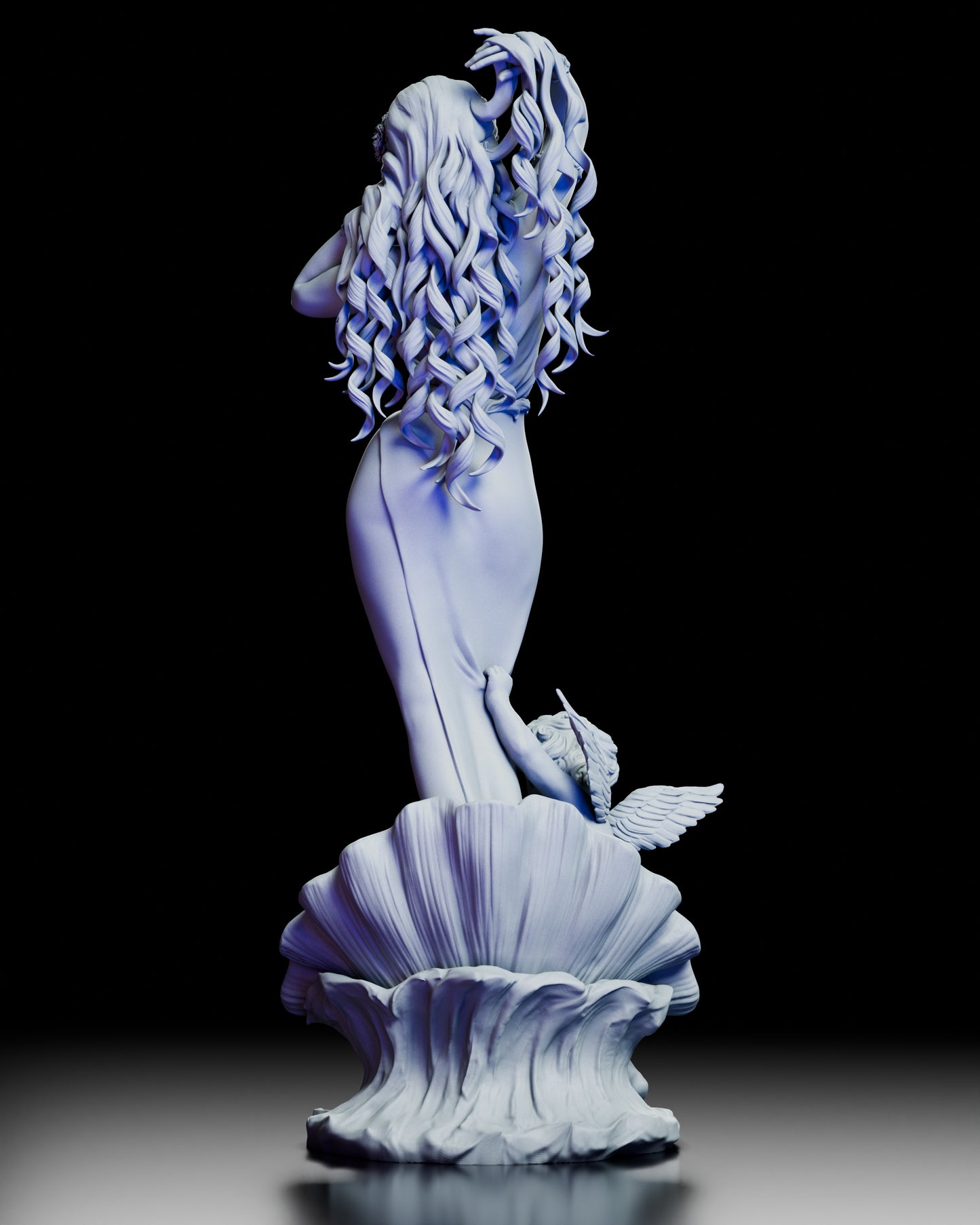 Rear view of Aphrodite, Born of the Sea figure highlighting flowing hair, detailed sculpting, and shell base
