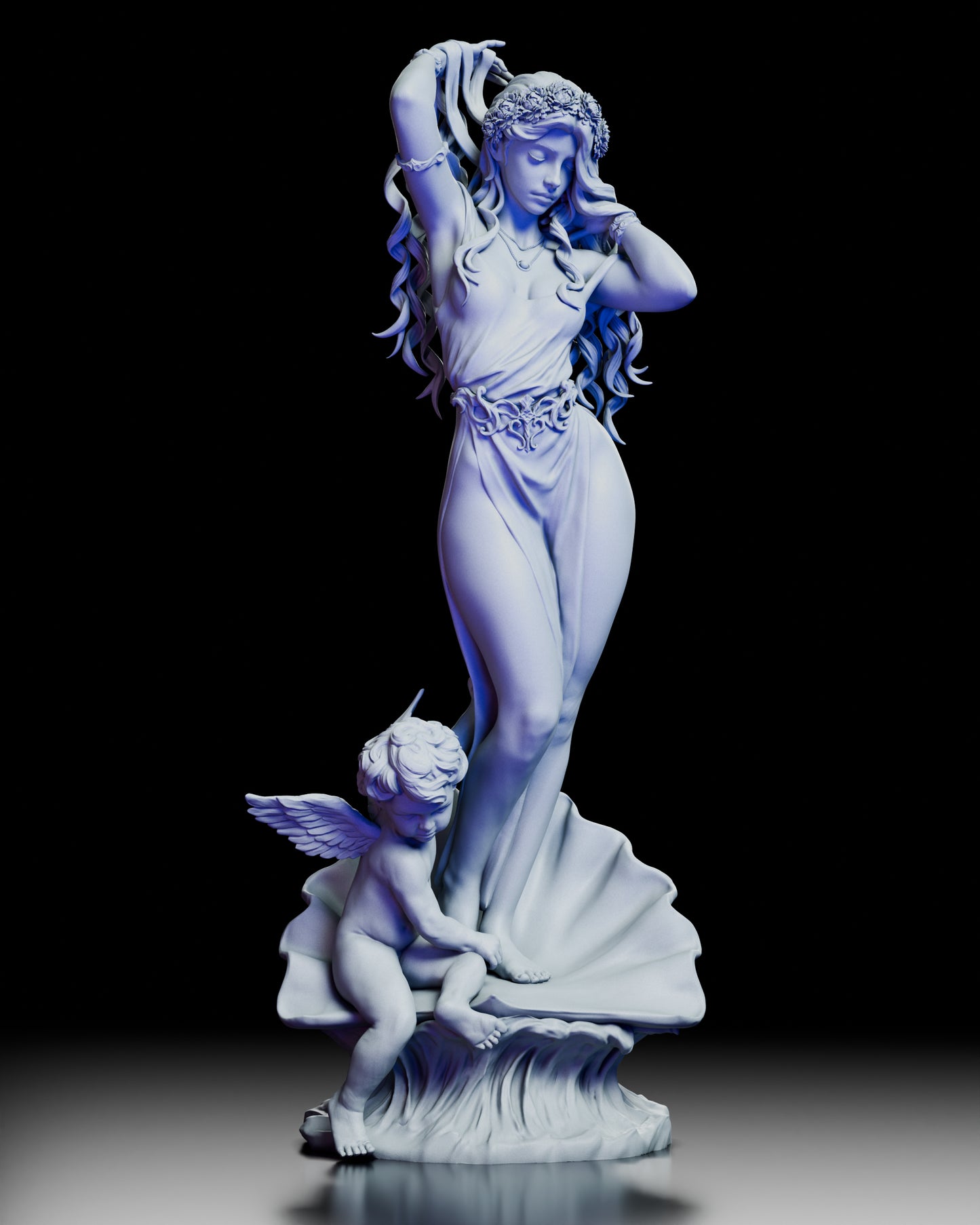 Front view of Aphrodite, Born of the Sea resin figure kit sculpted by CA3D Art, showing the goddess rising from a shell with cherub companion