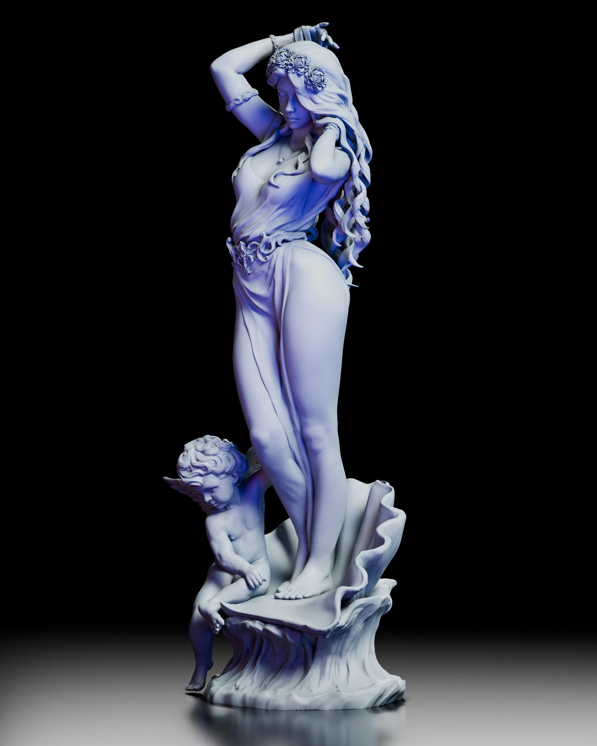 Left profile of Aphrodite, Born of the Sea showing elegant drapery, cherub, and sculpted shell details