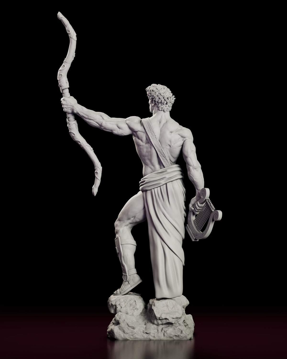 Back view of the Apollo figure model kit showing his raised arm, bow and knotted drape