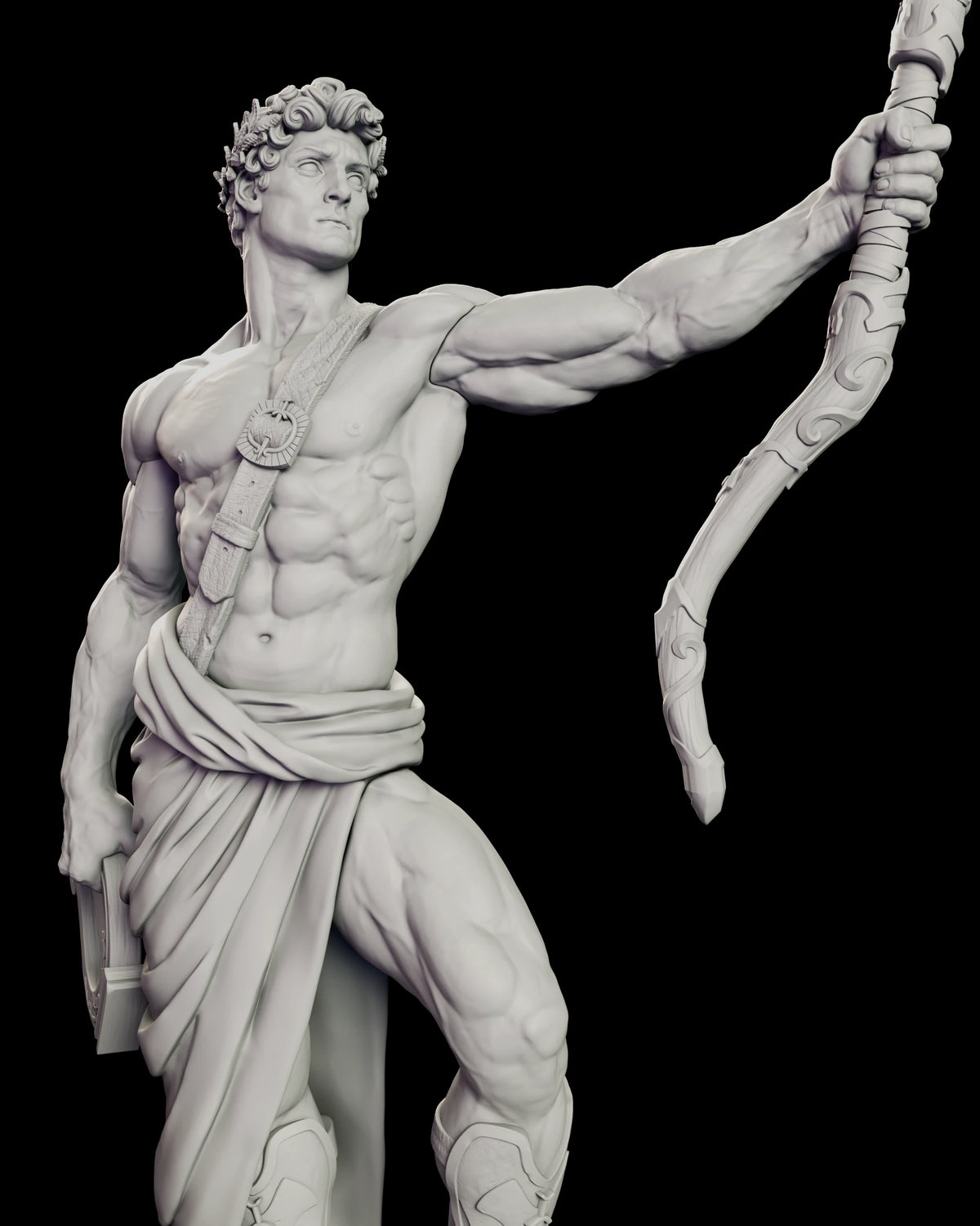 Close view of Apollo with his arm raised holding a carved bow and a strap across his chest