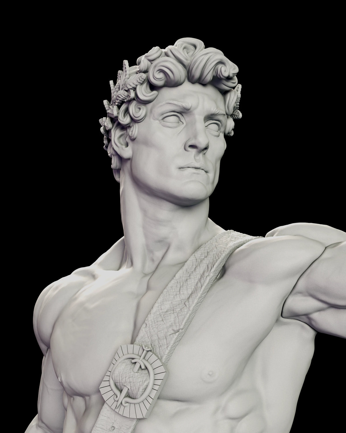 Portrait of Apollo with tight curls, a laurel wreath and a sun medallion on his chest strap