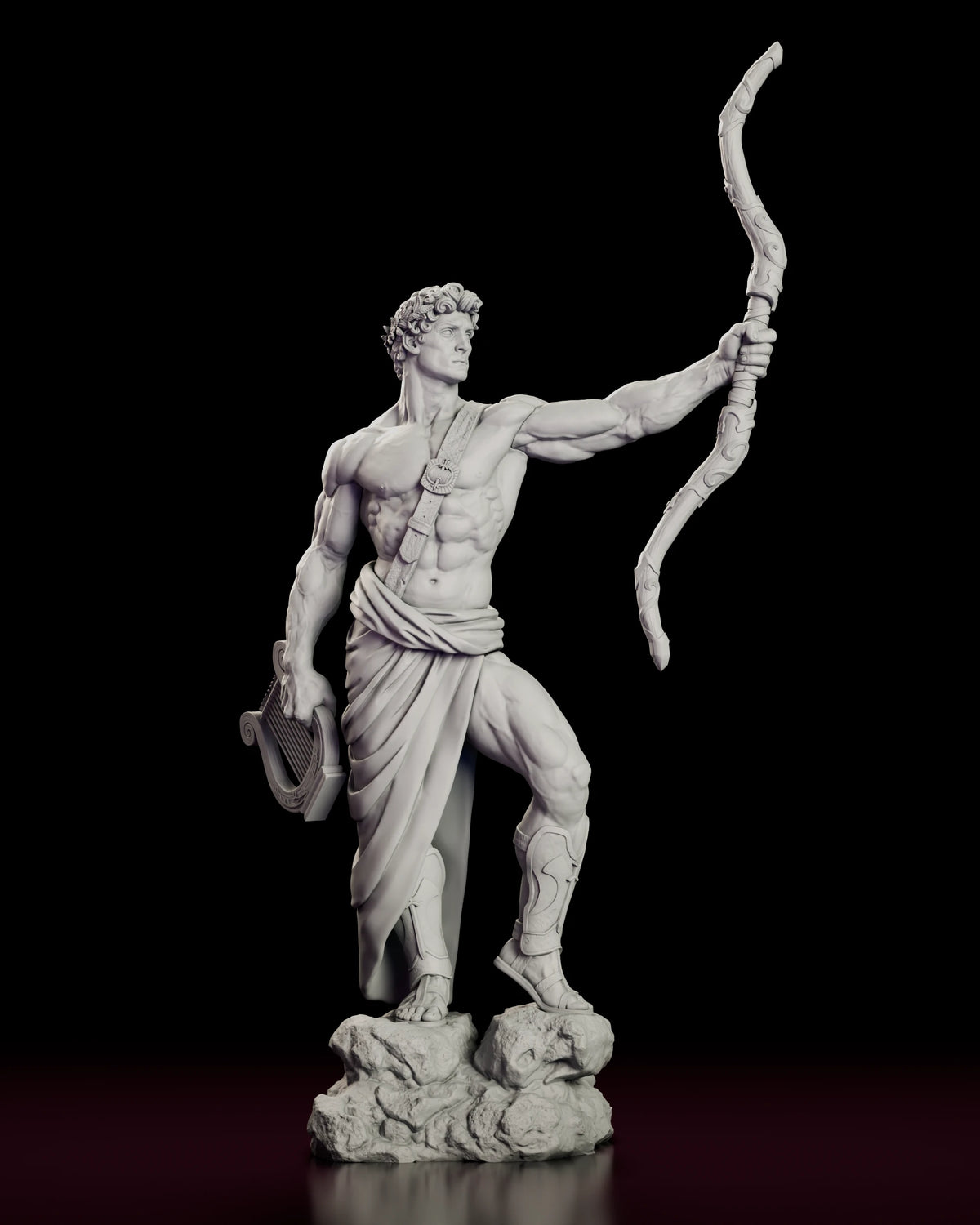 Front view of the Apollo figure model kit standing on rocks with his bow raised high
