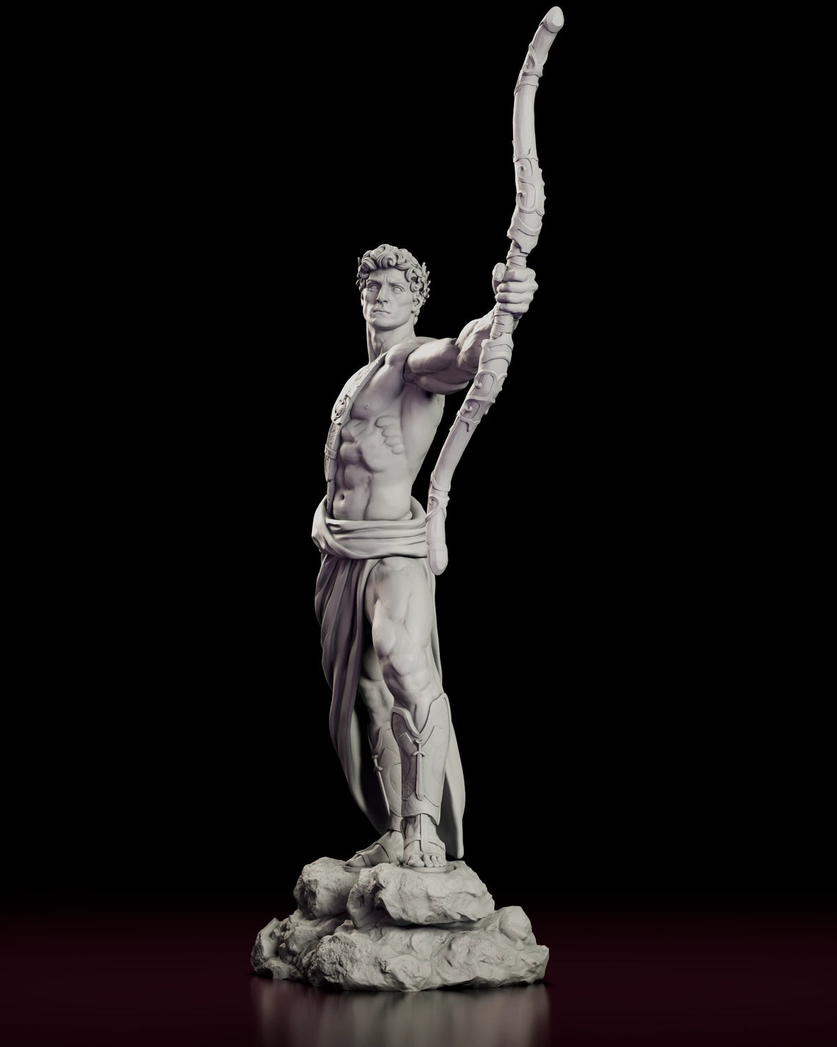 Left side view of Apollo holding the lyre at his hip with the bow above