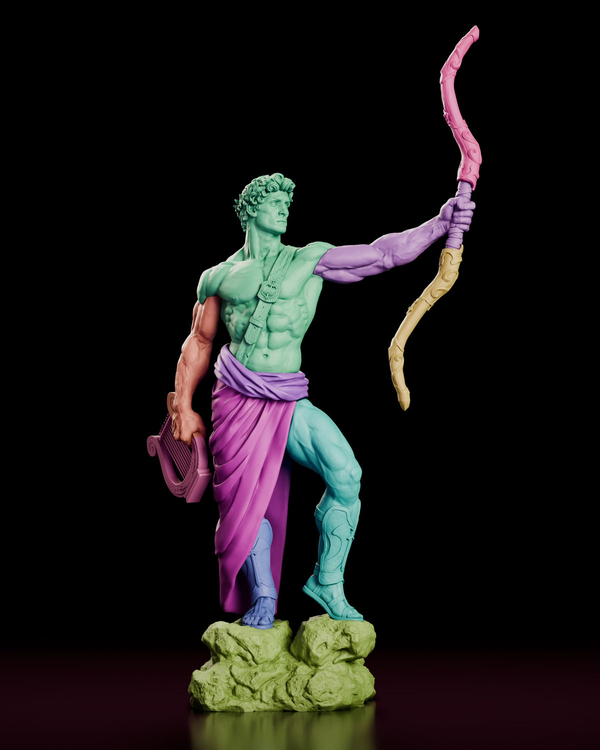 Parts breakdown of the Apollo figure model kit with figure, bow, lyre and base shown in separate colours