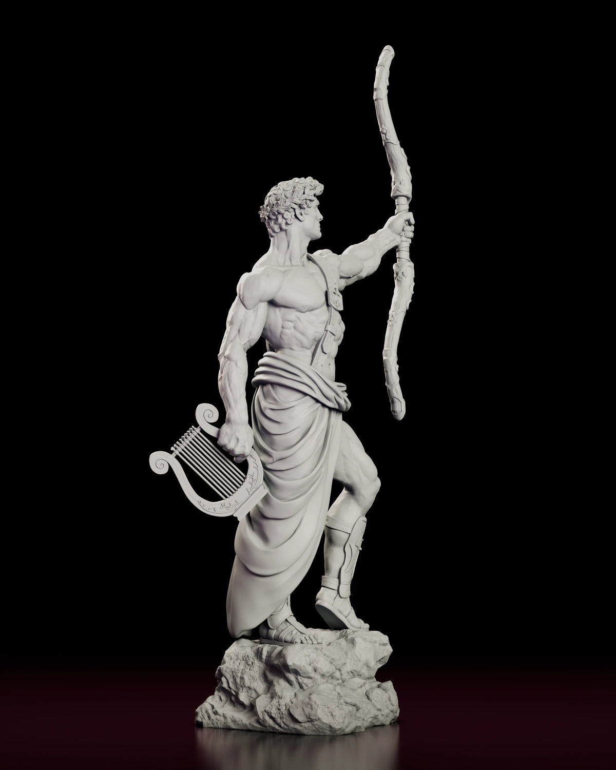 Right side view of Apollo with the bow lifted and the drape falling past his knees