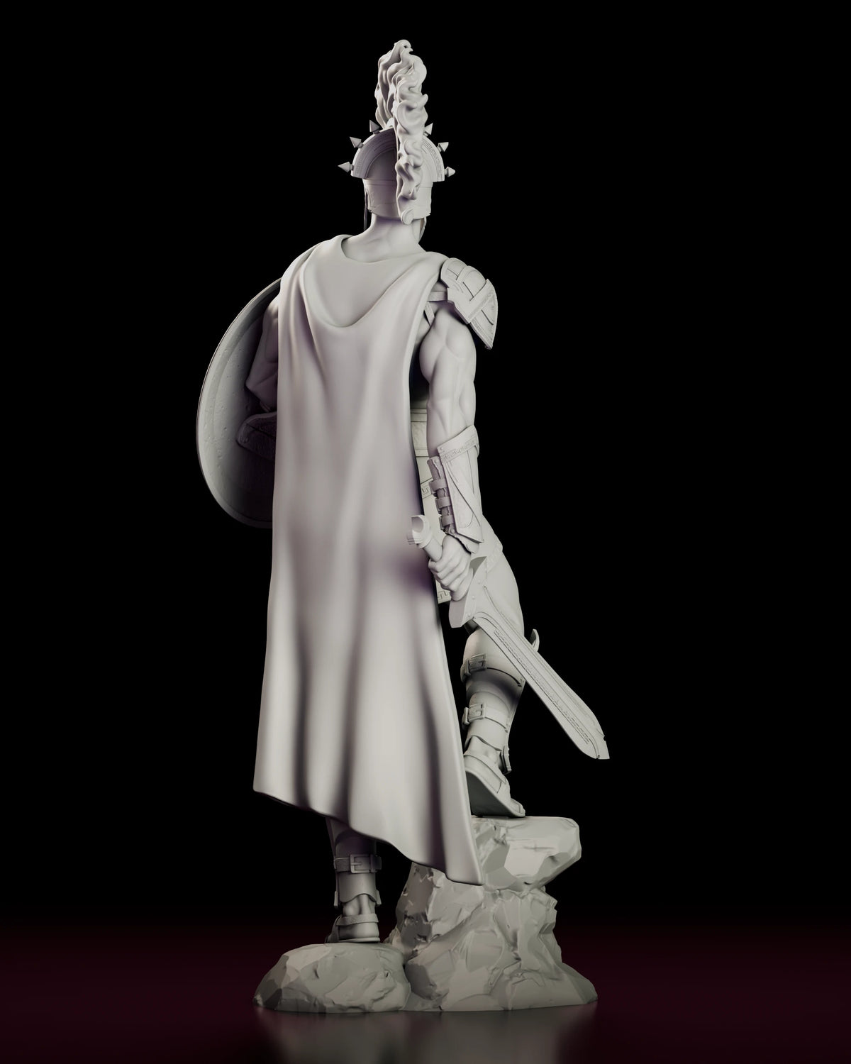 Back view of the Ares figure model kit showing the cape, helmet crest and shield