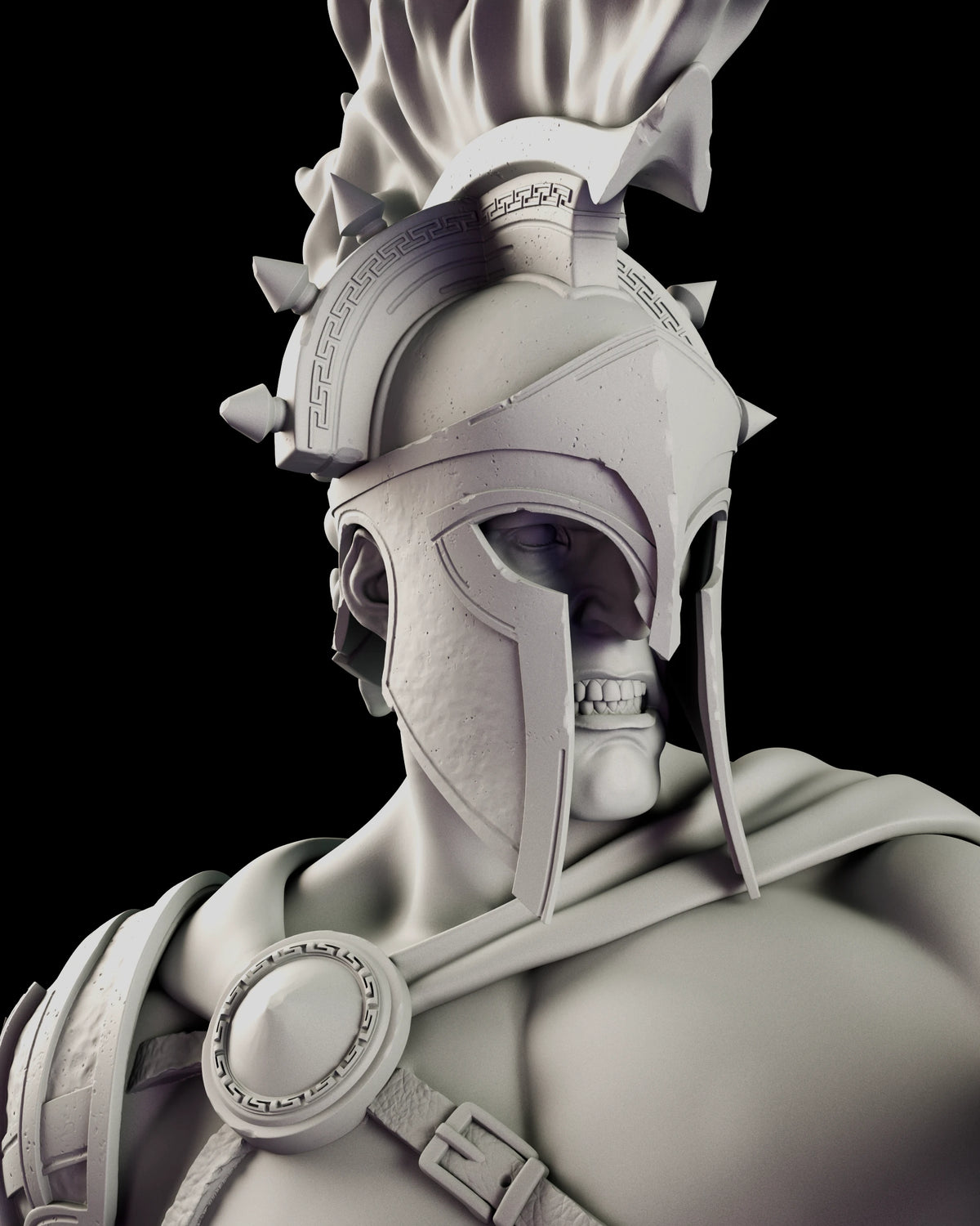 Portrait of Ares in a spiked crested helmet with a Greek key border over a skull-like face
