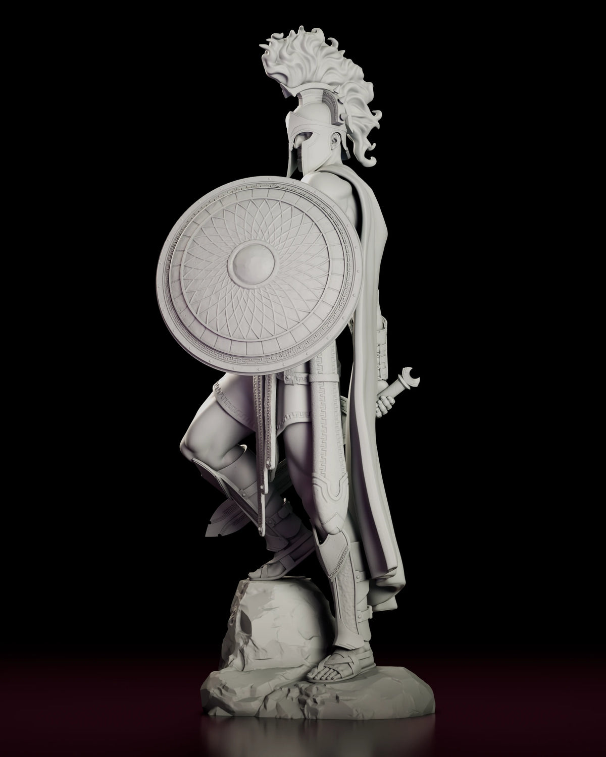 Left side view of Ares with the round shield covering his side