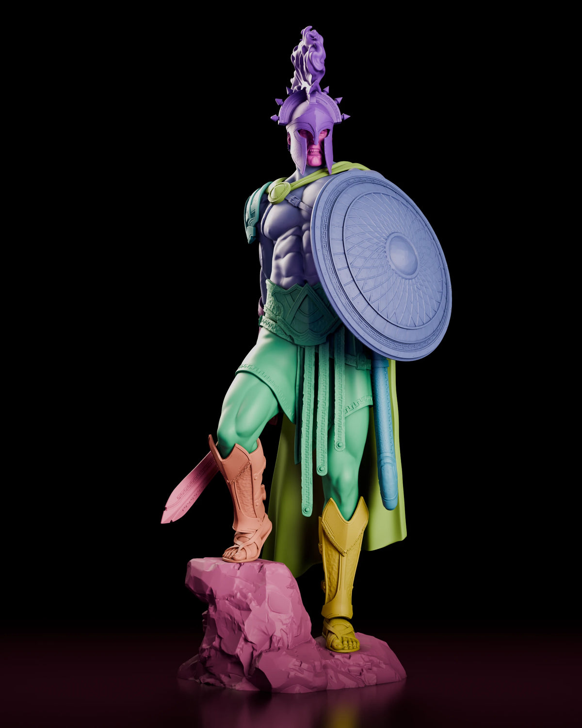 Parts breakdown of the Ares figure model kit with figure, helmet, shield, sword and base shown in separate colours